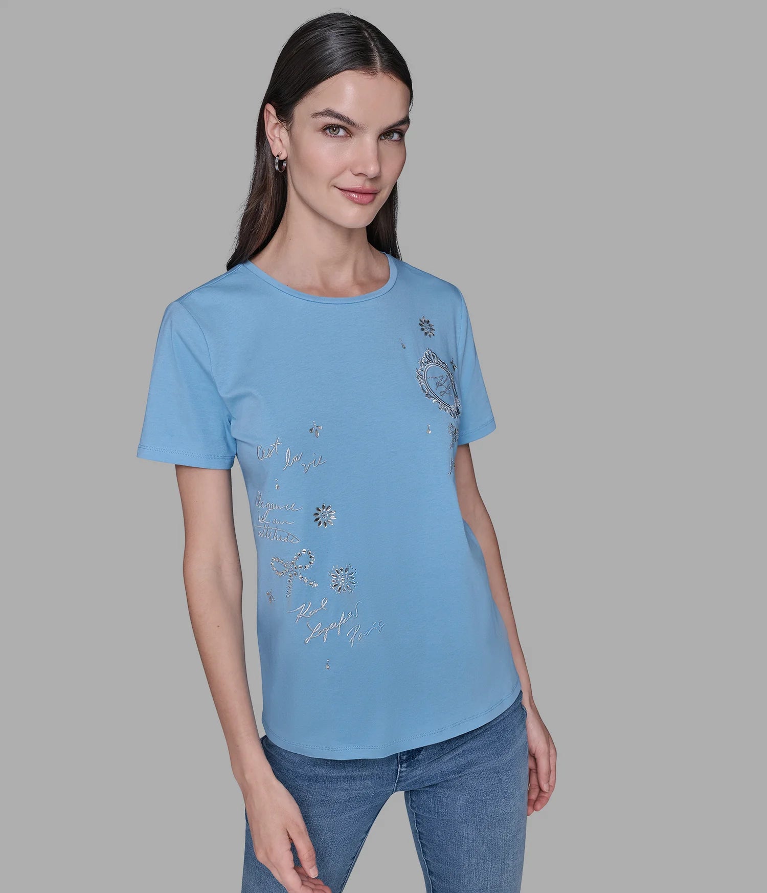 Karl Lagerfeld Paris Womens'  EMBELLISED ICONS TEE - BLUE