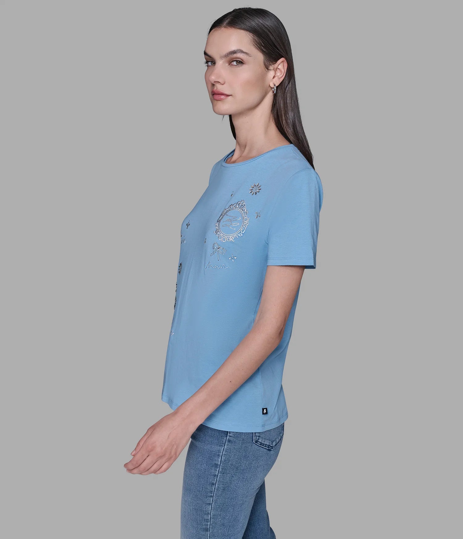 Karl Lagerfeld Paris Womens'  EMBELLISED ICONS TEE - BLUE
