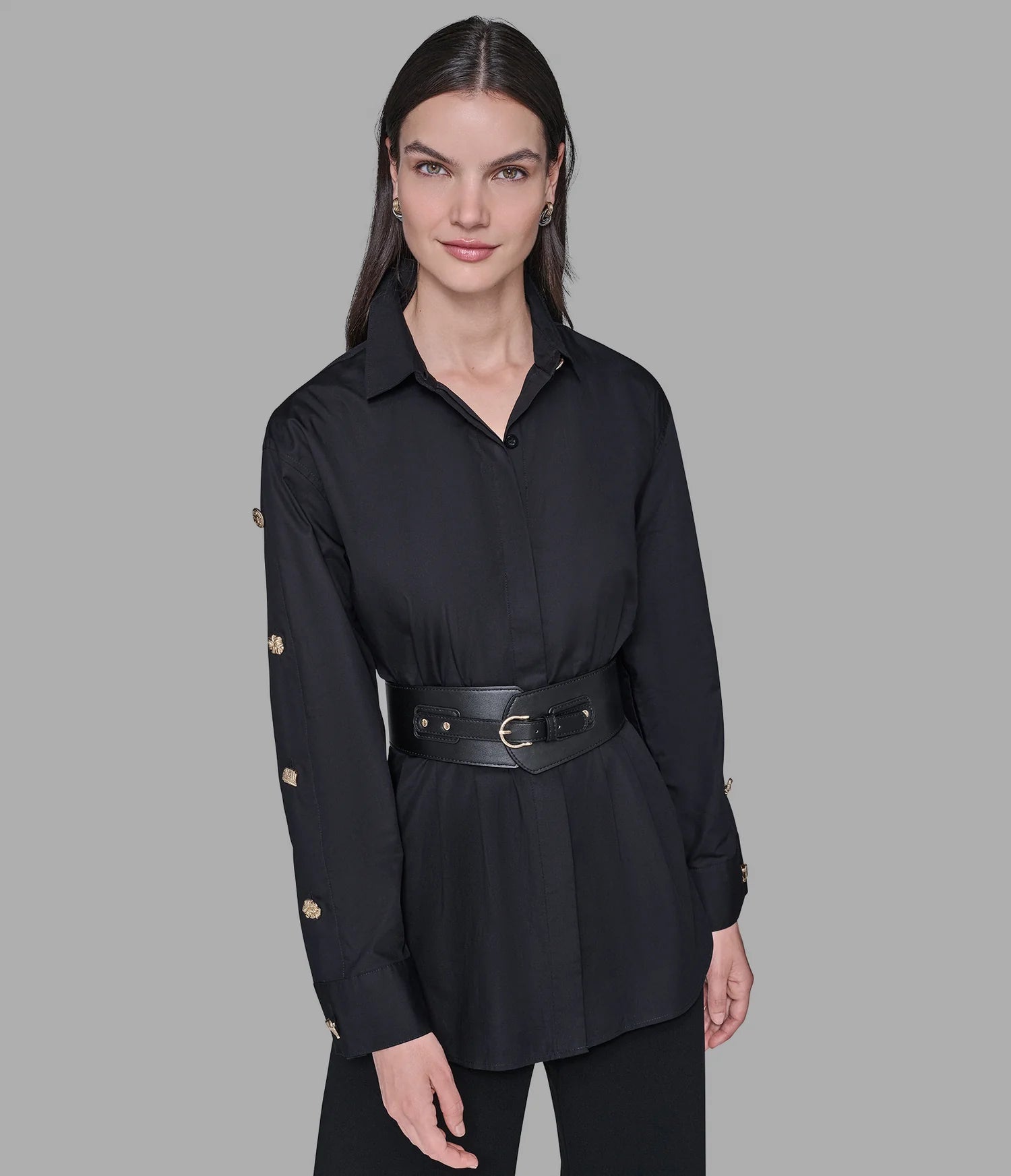 Karl Lagerfeld Paris Womens' BELTED POPLIN SHIRT Black