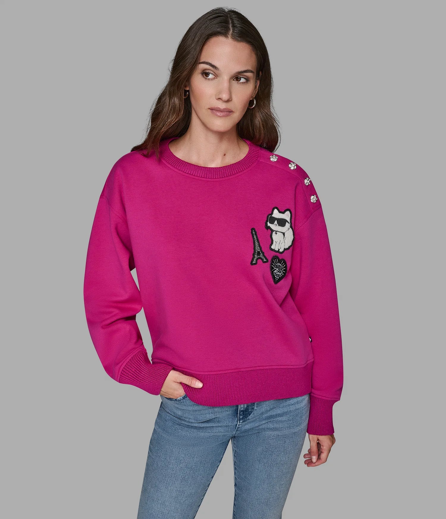 Karl Lagerfeld Paris Womens' PATCH SWEATSHIRT WITH BUTTONS