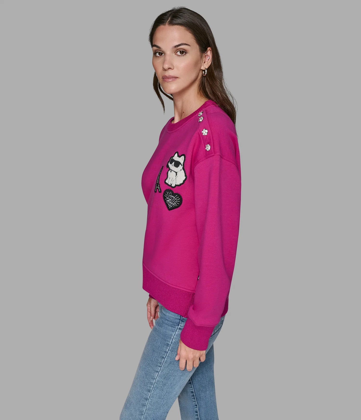 Karl Lagerfeld Paris Womens' PATCH SWEATSHIRT WITH BUTTONS