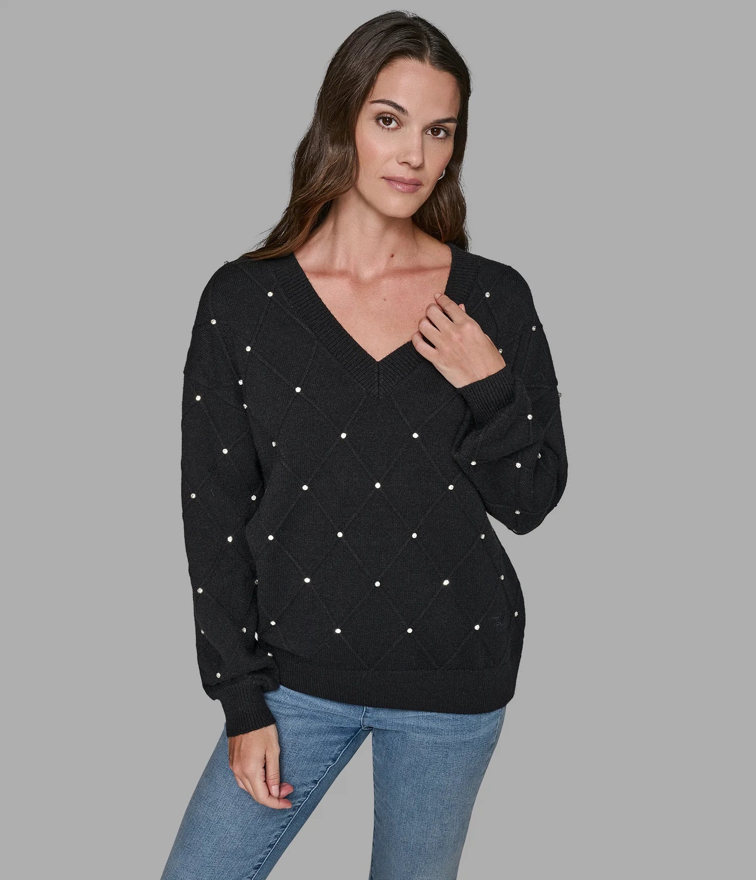 Karl Lagerfeld Paris Women's PEARL V-NECK SWEATER Black