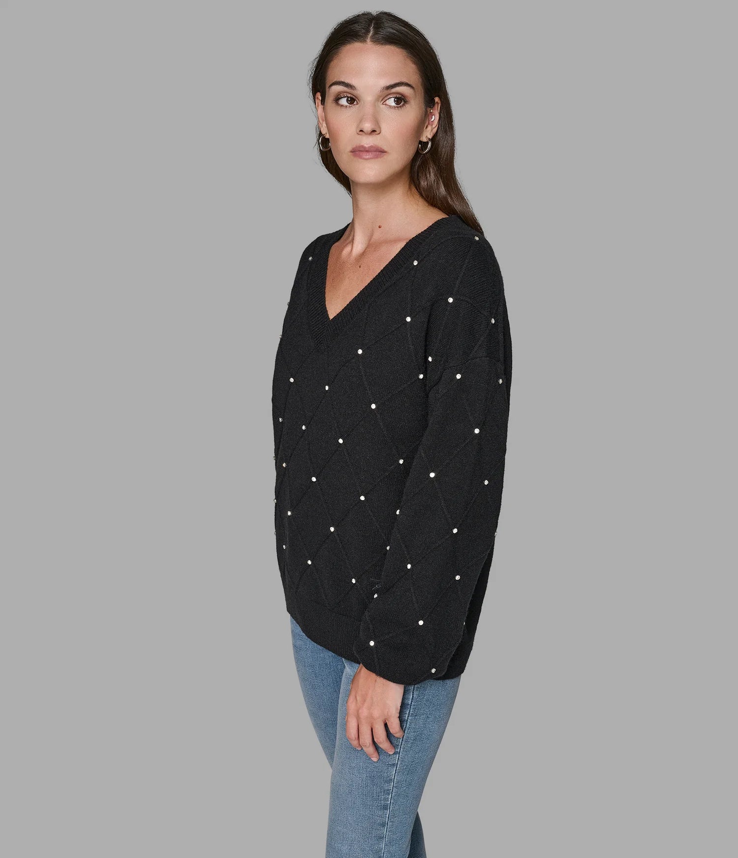 Karl Lagerfeld Paris Women's PEARL V-NECK SWEATER Black