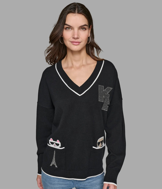 KARL WOMENS' WHIMSY VARSITY SWEATER WITH POCKETS