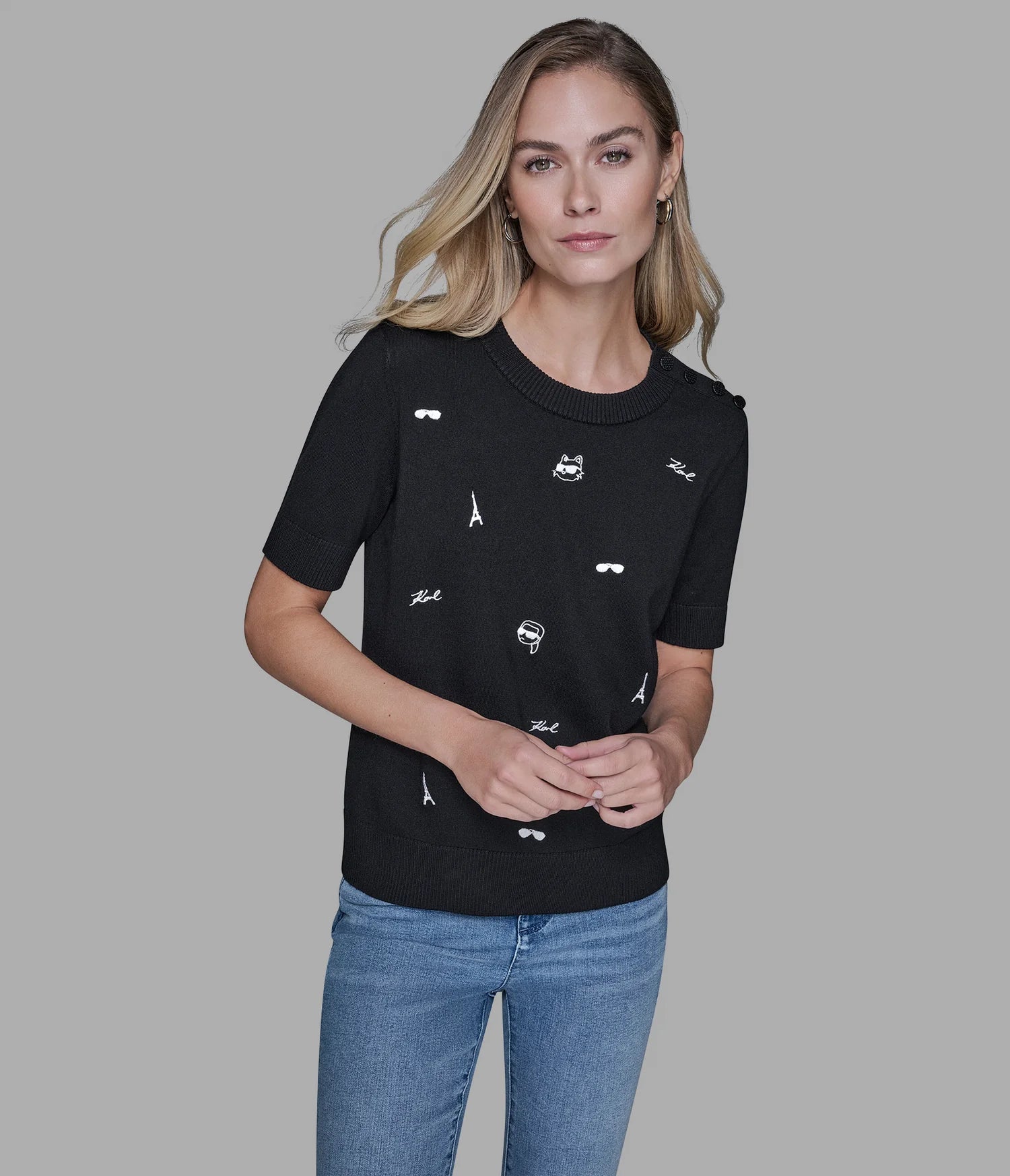 Karl Lagerfeld Paris Women's SHORT SLEEVE WHIMSY SWEATER BLACK