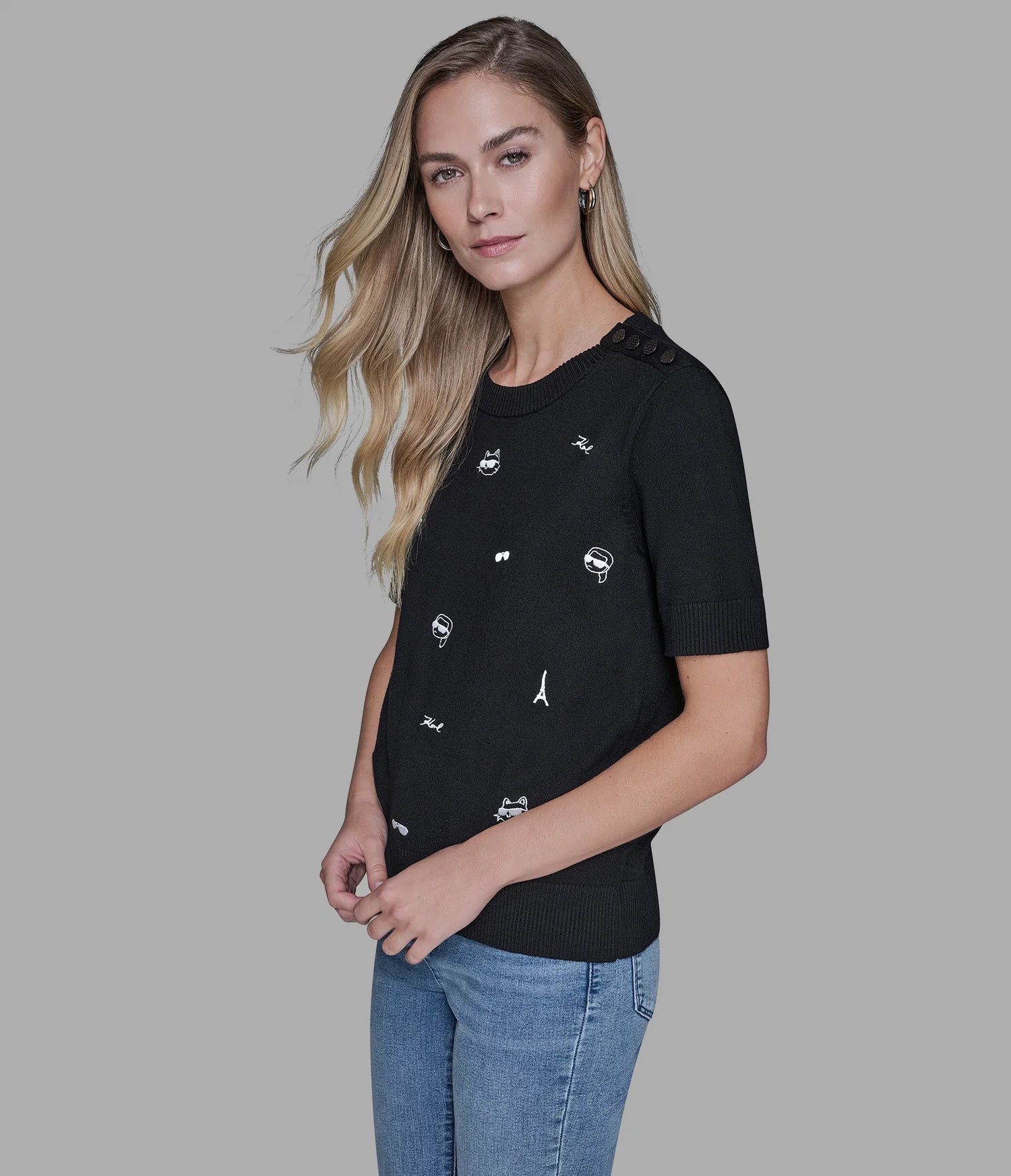 Karl Lagerfeld Paris Women's SHORT SLEEVE WHIMSY SWEATER BLACK
