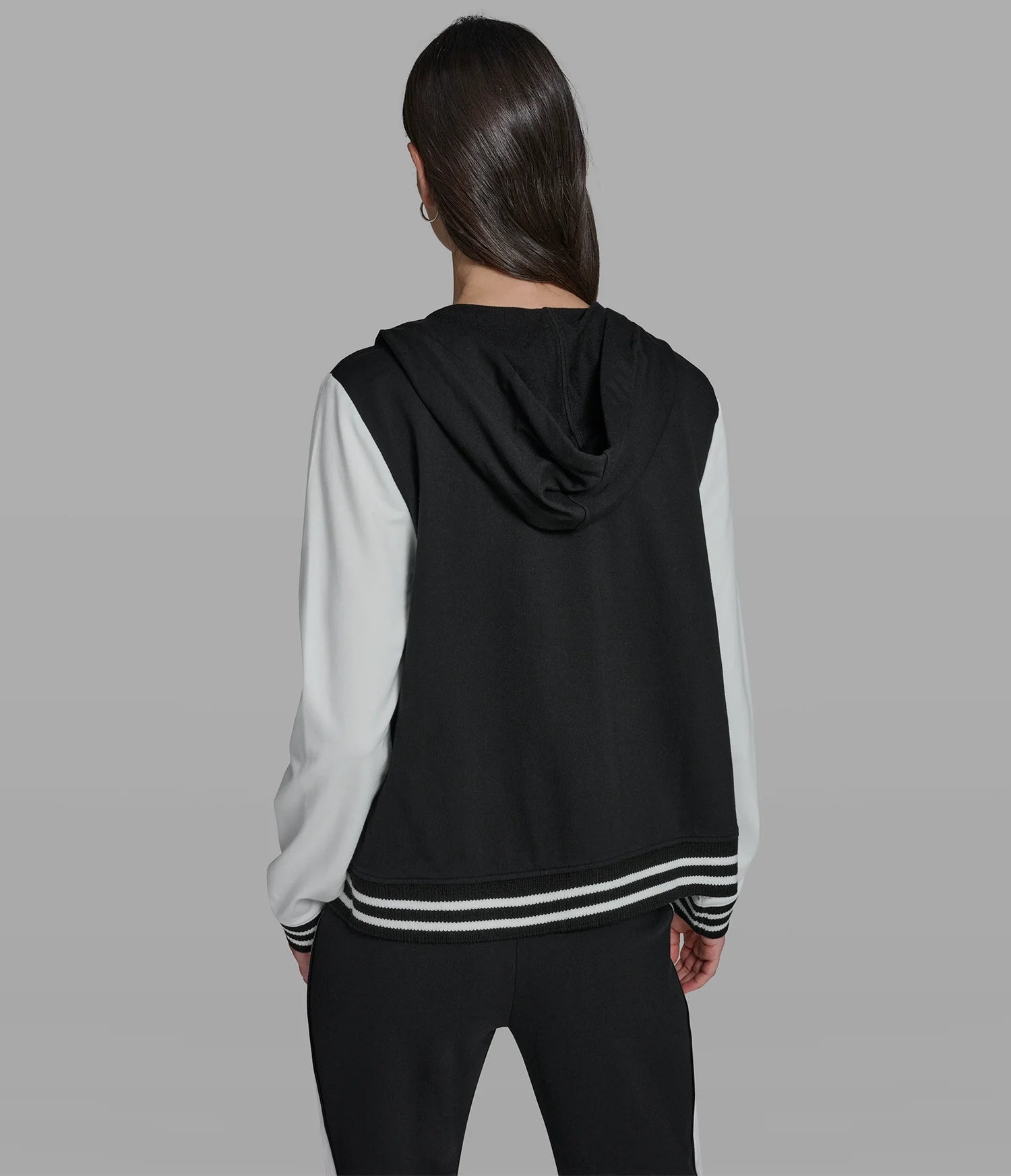COTTON AND MODAL-BLEND COLOR-BLOCK PATCH VARSITY HOODED JACKET-Black