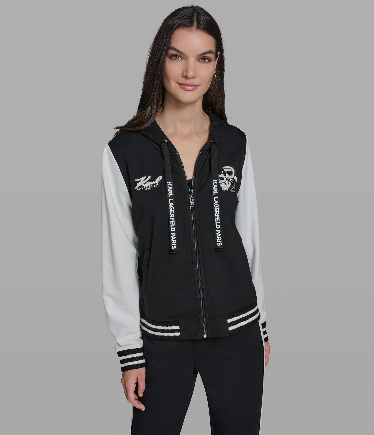COTTON AND MODAL-BLEND COLOR-BLOCK PATCH VARSITY HOODED JACKET-Black