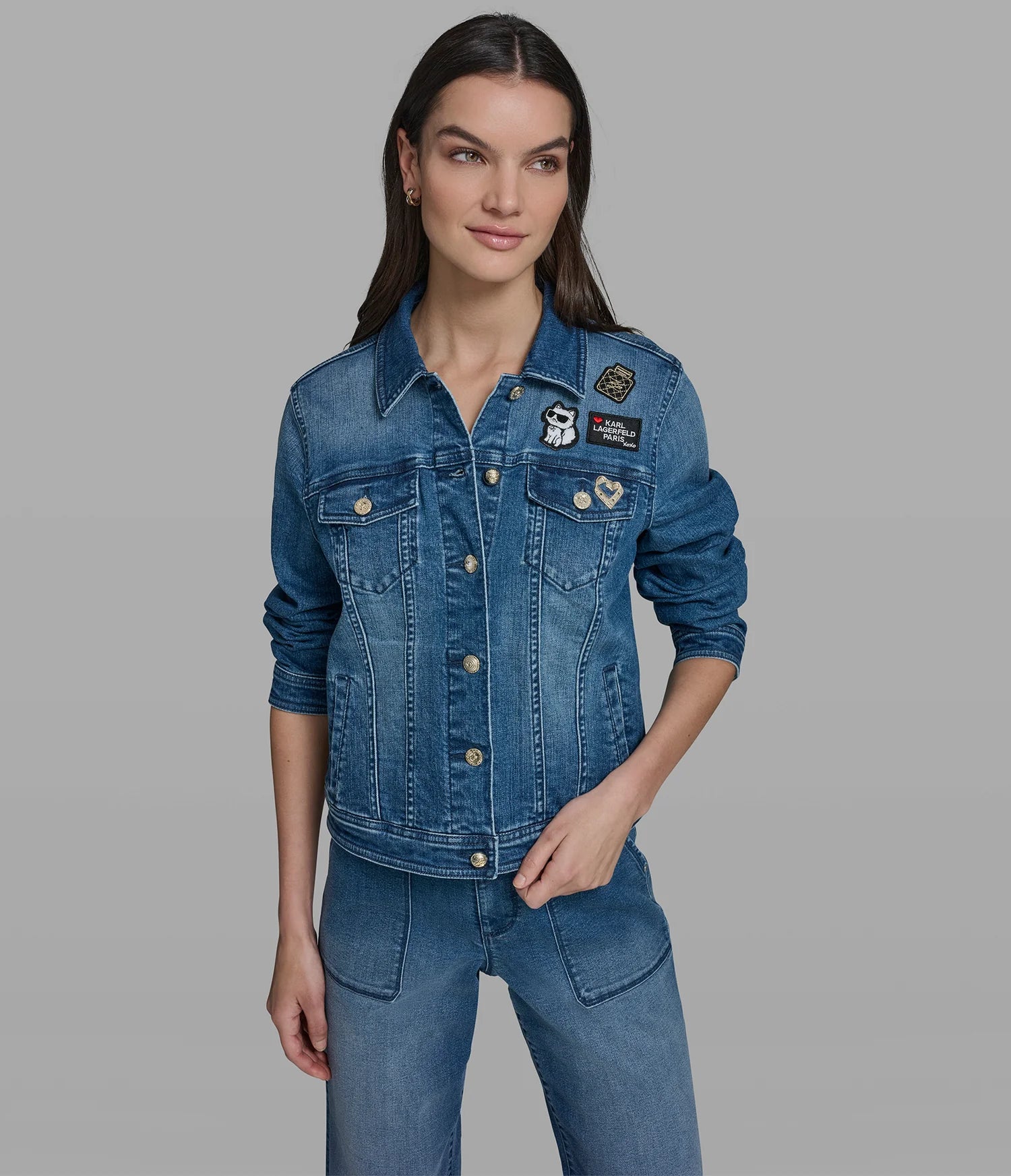 KARL LAGERFELD WOMEN'S DENIM JACKET WITH PATCHES-Steel Blue
