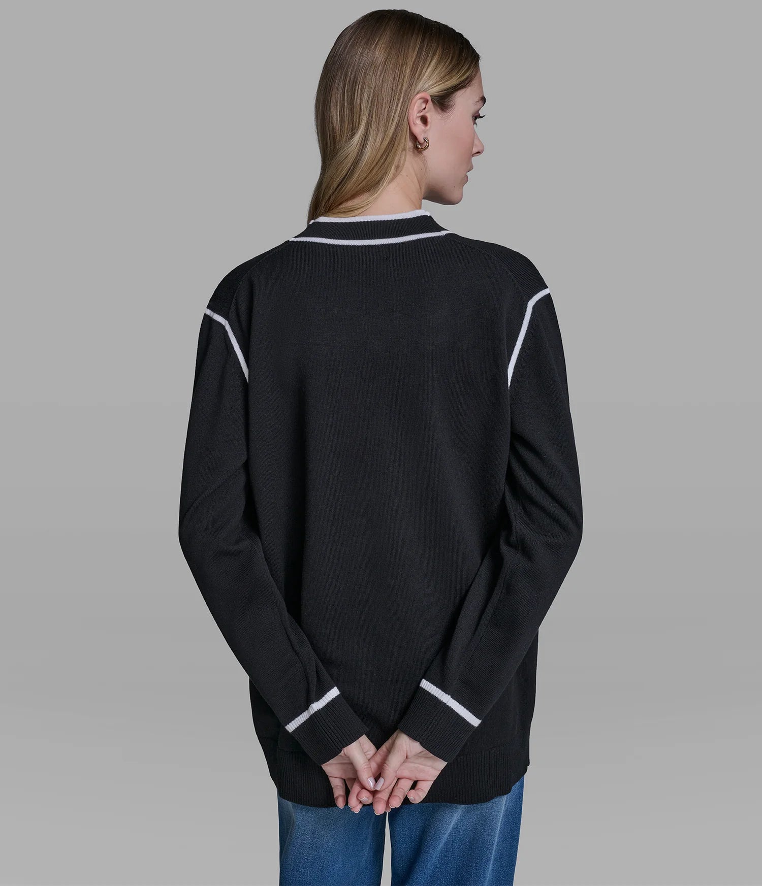 KARL LAGERFELD WOMEN'S LONG SLEEVE VARSITY PATCH CARDIGAN-Black