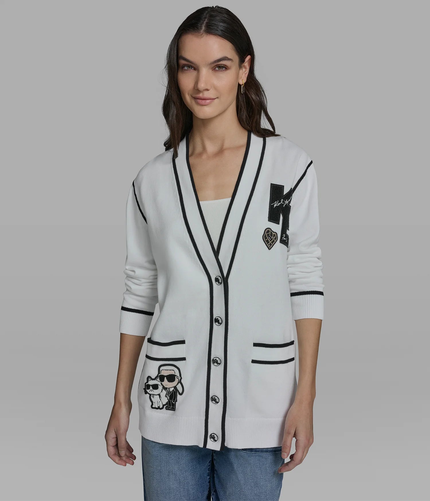 KARL LAGERFELD WOMEN'S LONG SLEEVE VARSITY PATCH CARDIGAN-White