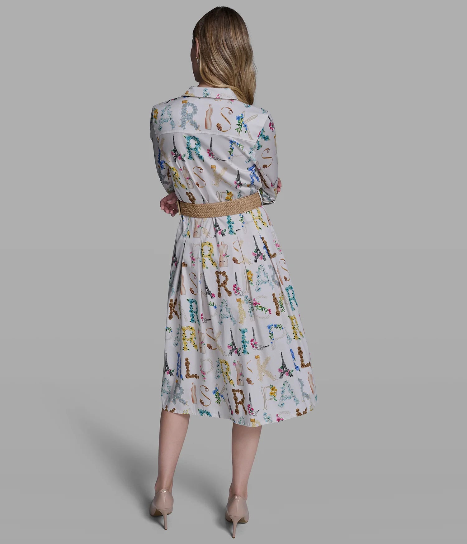 KARL LAGERFELD STRETCH-COTTON PRINTED PLEATED MIDI SHIRT DRESS -Bisque