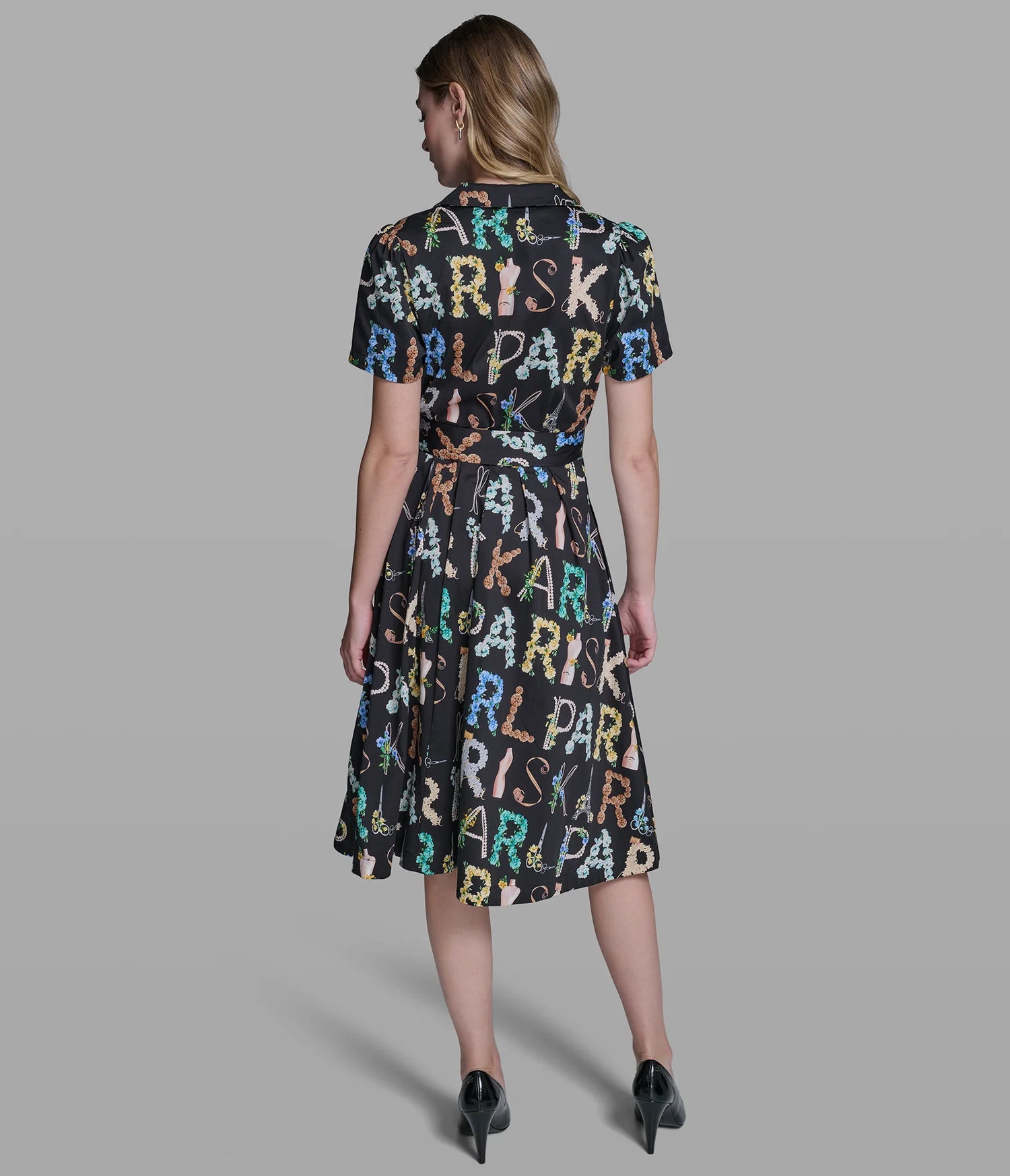 KARL LAGERFELD STRETCH-COTTON LOGO PRINT PLEATED MIDI SHIRT DRESS-Black
