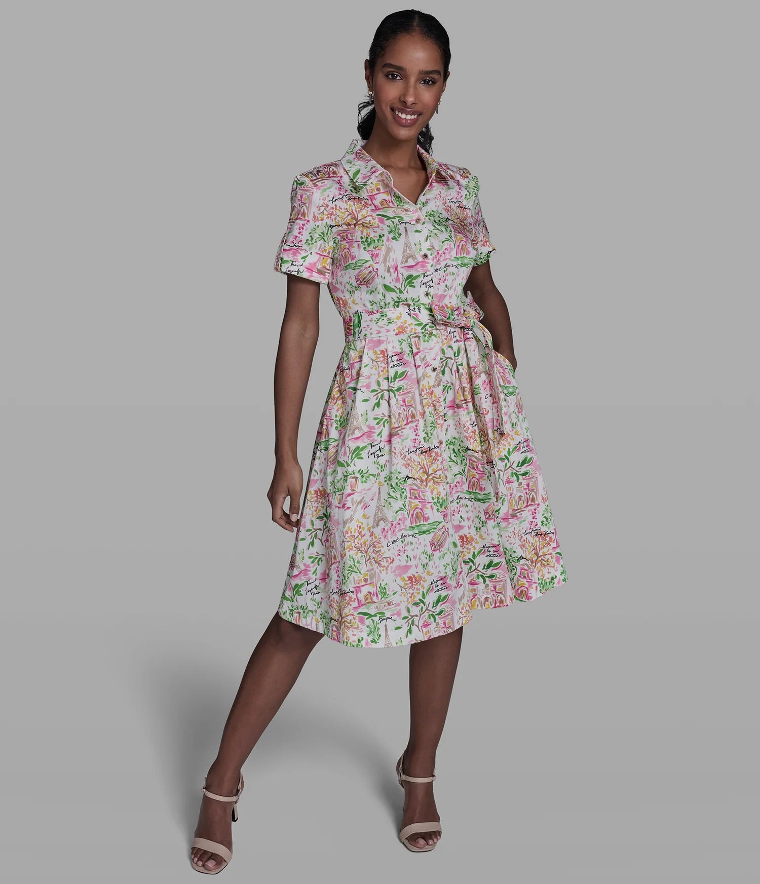 KARL LAGERFELD STRETCH-COTTON PRINTED PLEATED MIDI SHIRT DRESS -Soft White/Pink Carnation