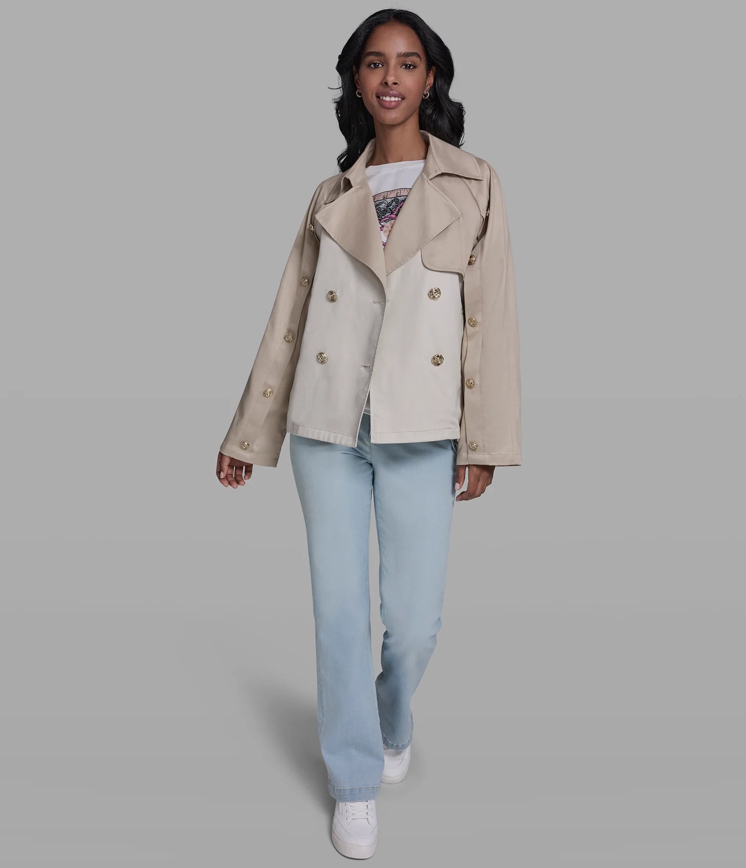 KARL LAGERFELD CROPPED COTTON AND TENCEL-BLEND MIXED-MEDIA TRENCH JACKET-Bisque