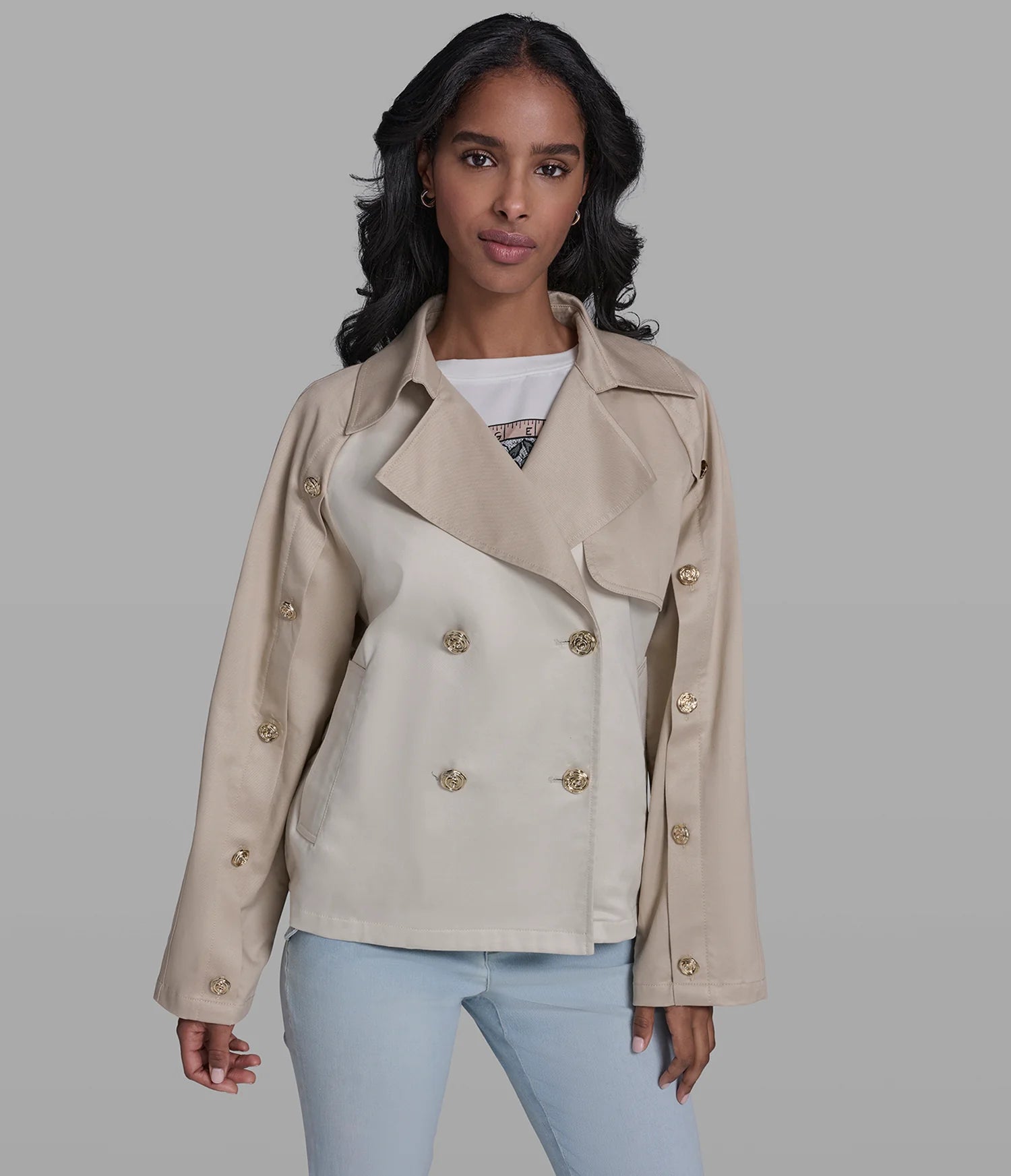 KARL LAGERFELD CROPPED COTTON AND TENCEL-BLEND MIXED-MEDIA TRENCH JACKET-Bisque