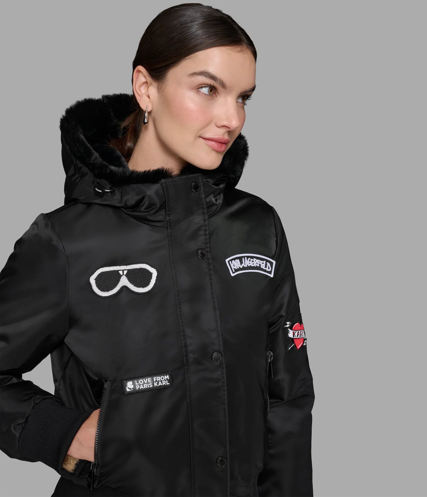 Karl Lagerfeld Paris Womens' LOGO PATCH HOODED BOMBER JACKET