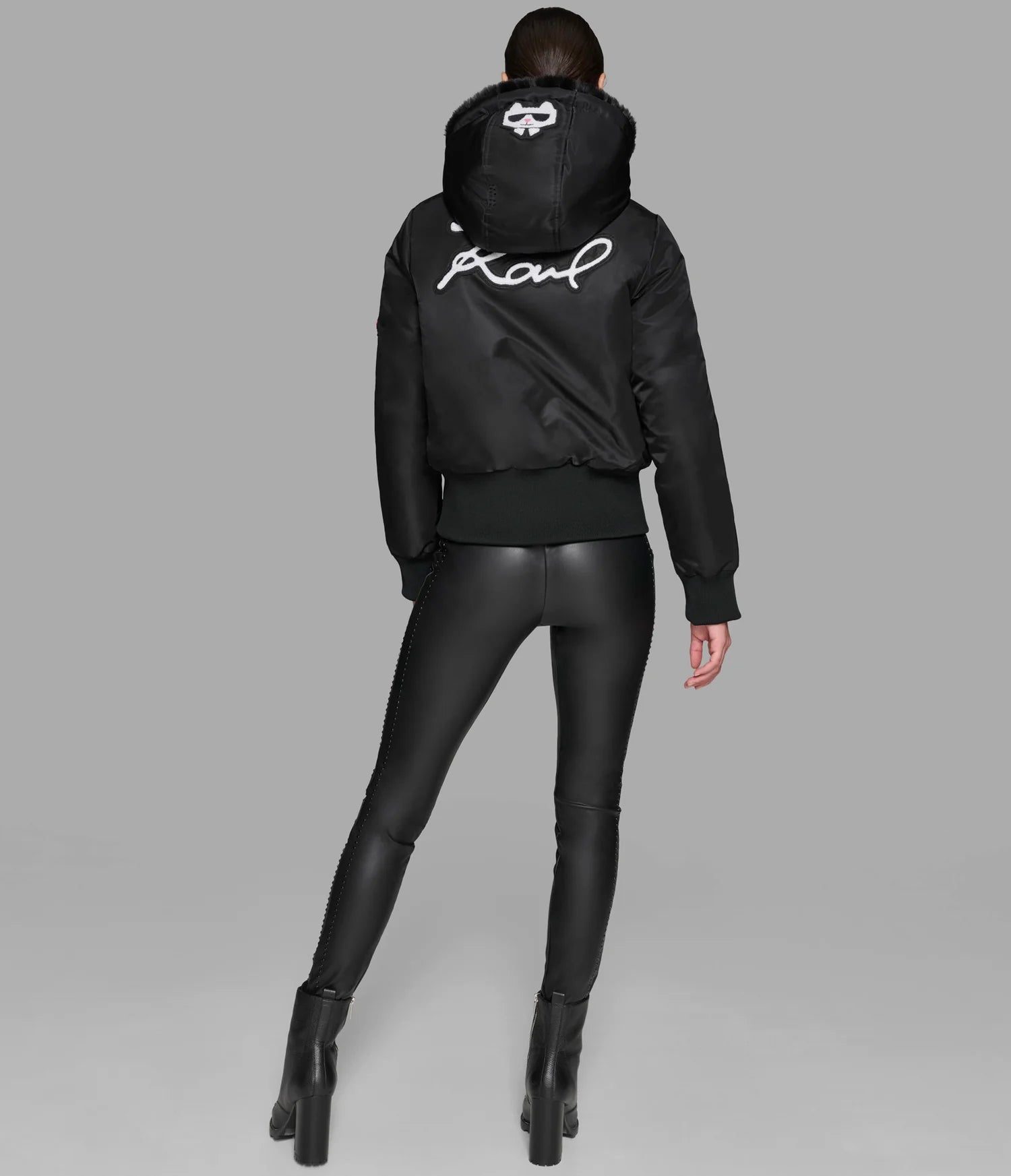 Karl Lagerfeld Paris Womens' LOGO PATCH HOODED BOMBER JACKET