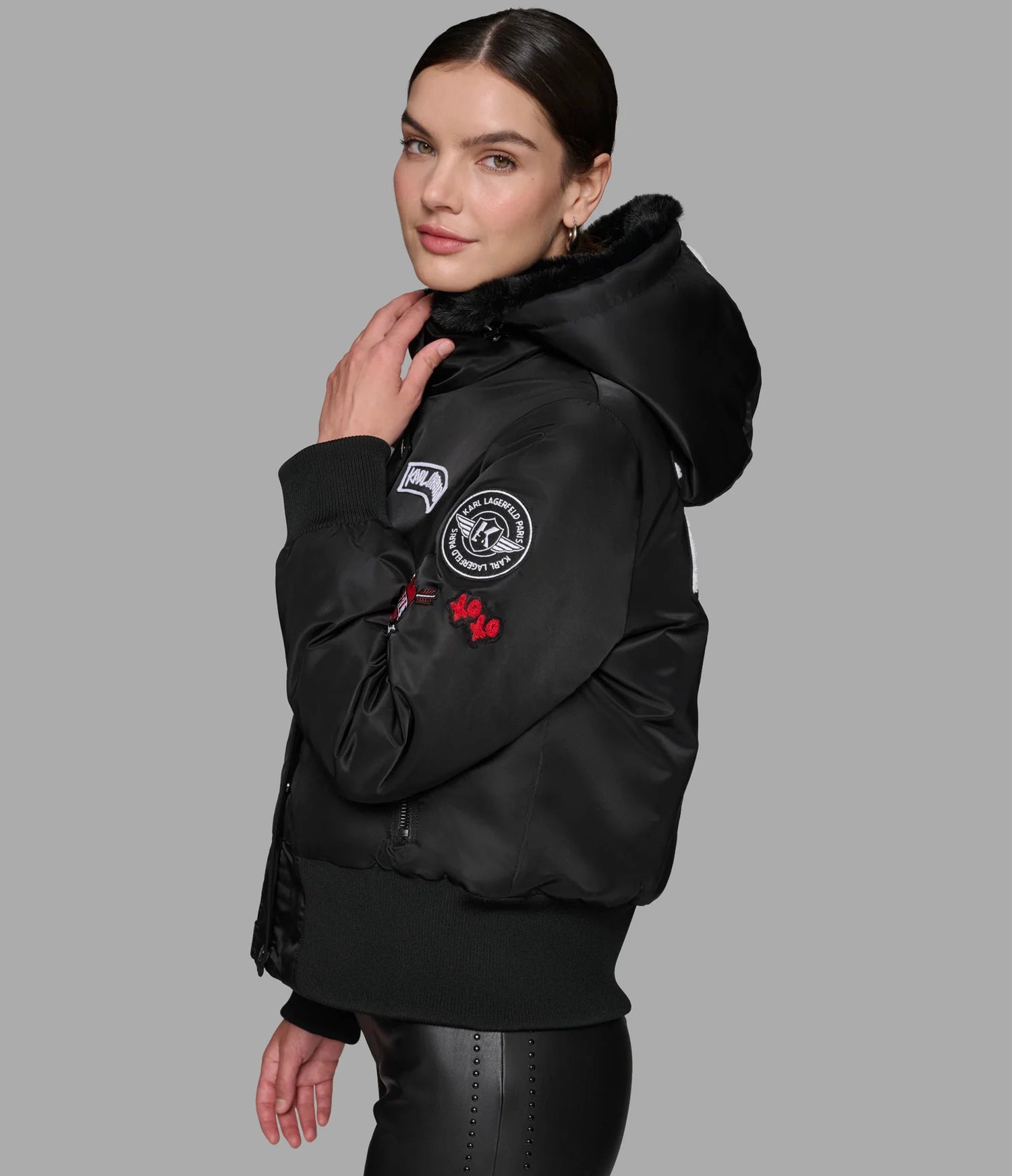 Karl Lagerfeld Paris Womens' LOGO PATCH HOODED BOMBER JACKET