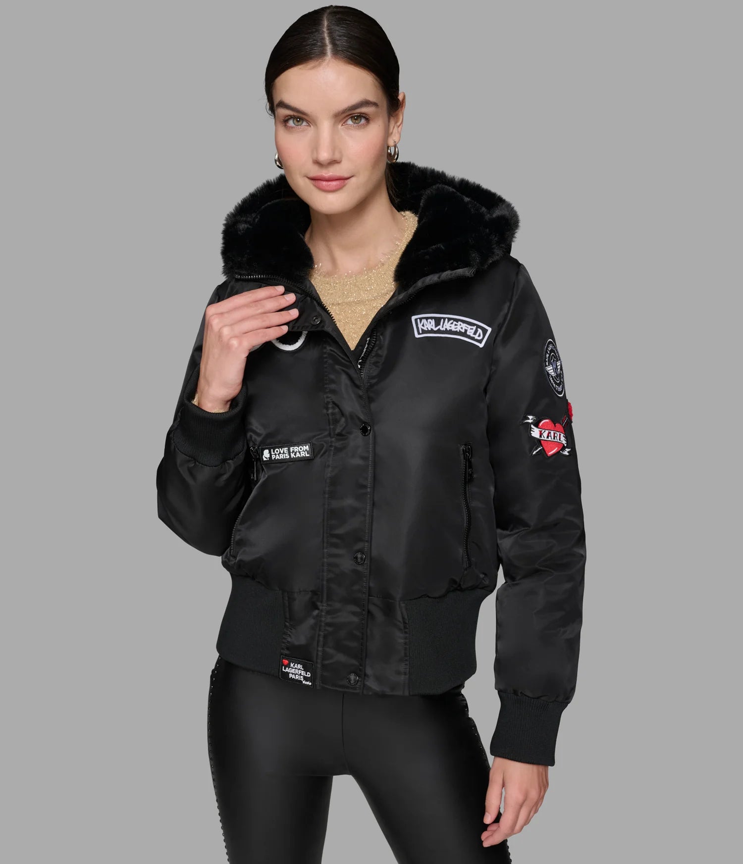 Karl Lagerfeld Paris Womens' LOGO PATCH HOODED BOMBER JACKET