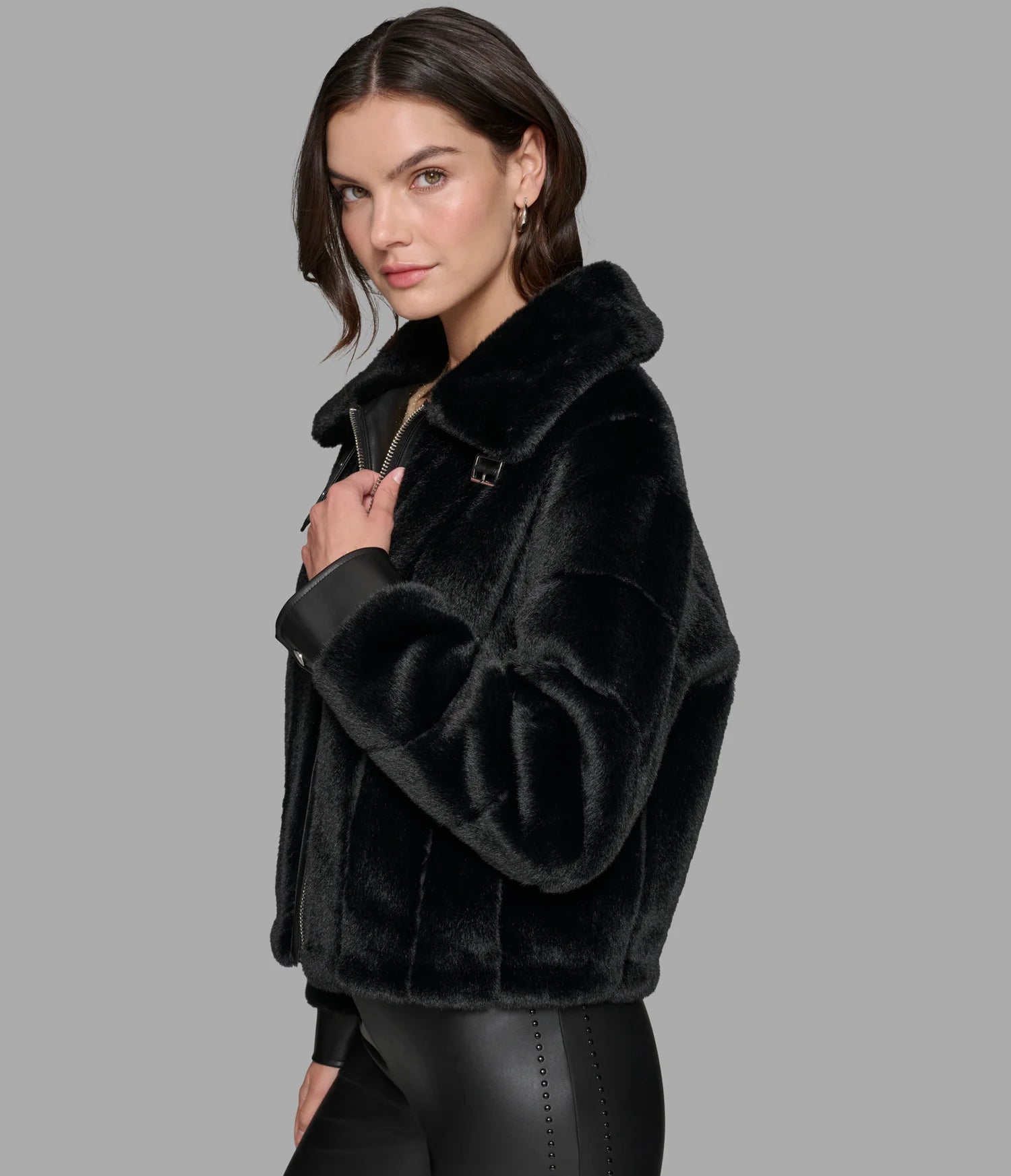 Karl Lagerfeld Paris Women's CHANNEL FAUX MINK AND PU BOMBER Black