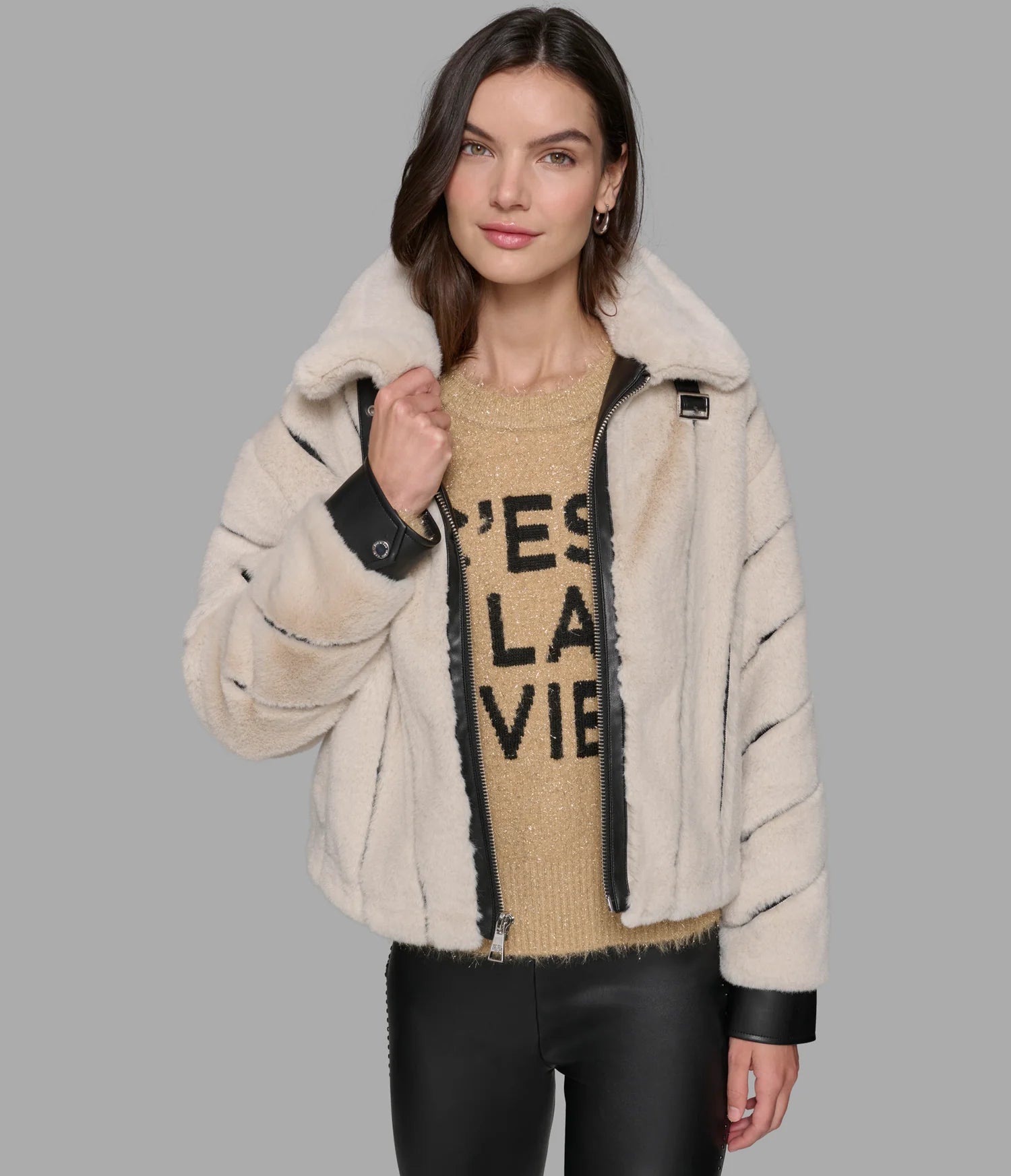 Karl Lagerfeld Paris Women's CHANNEL FAUX MINK AND PU BOMBER