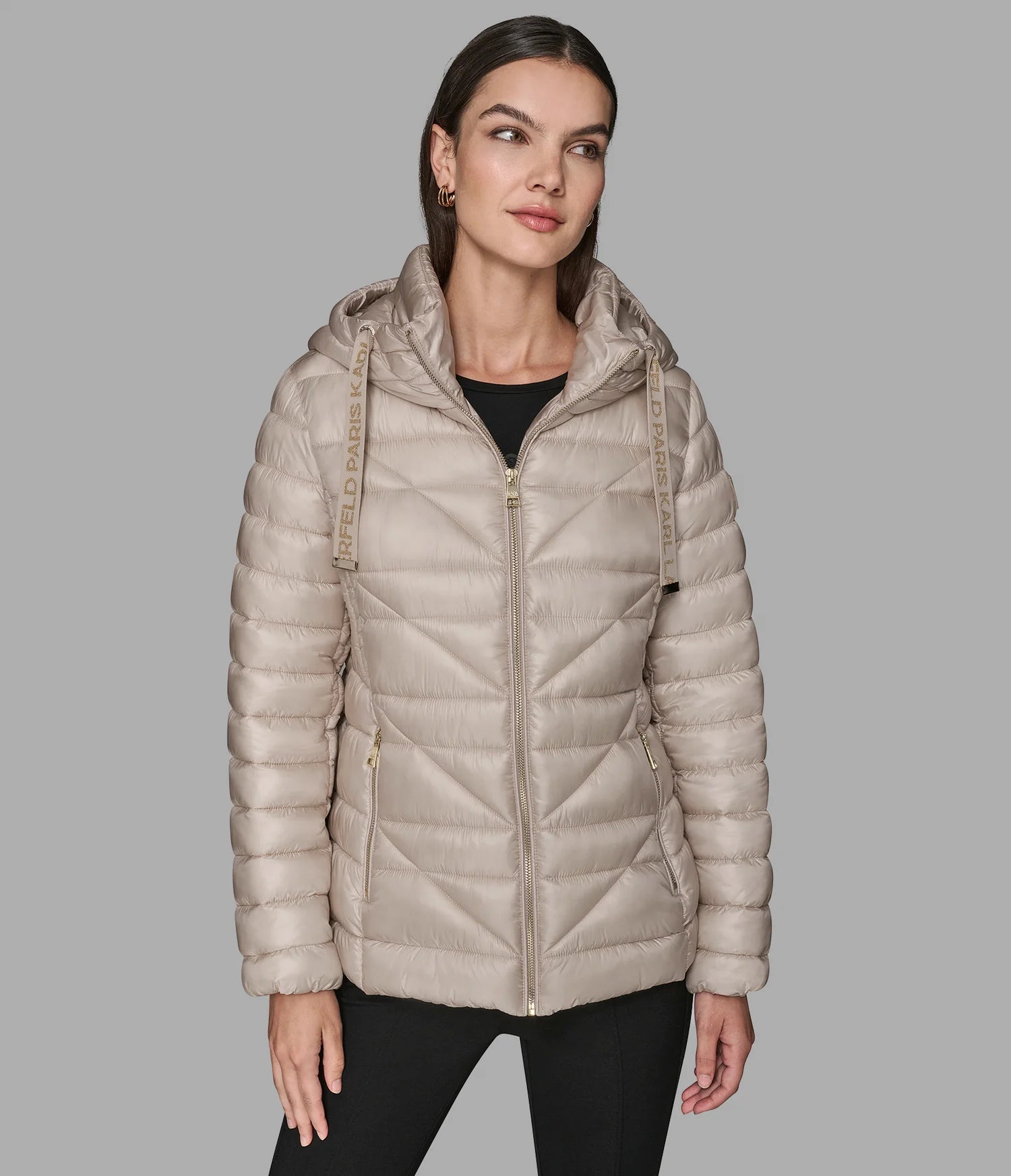 Karl Lagerfeld Paris Women's SHORT PUFFER JACKET WITH LOGO  Champagne