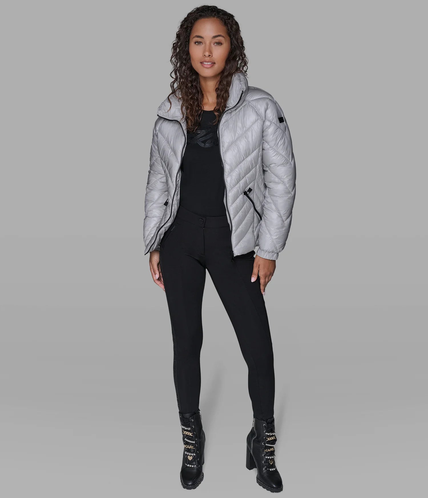 Karl Lagerfeld Paris Women's PILLOW COLLAR PUFFER JACKET Silver