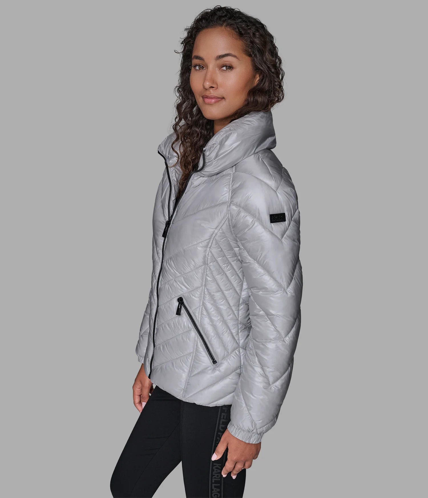 Karl Lagerfeld Paris Women's PILLOW COLLAR PUFFER JACKET Silver