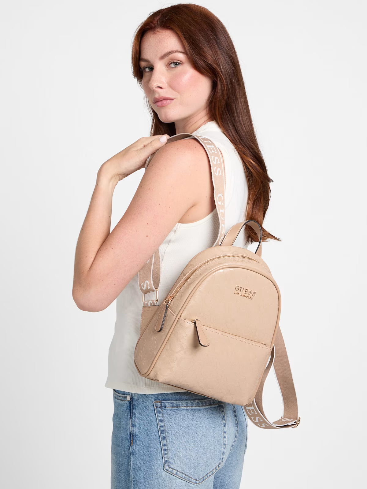 Guess Womens' Millom Shiny Coated Logo Backpack Brown