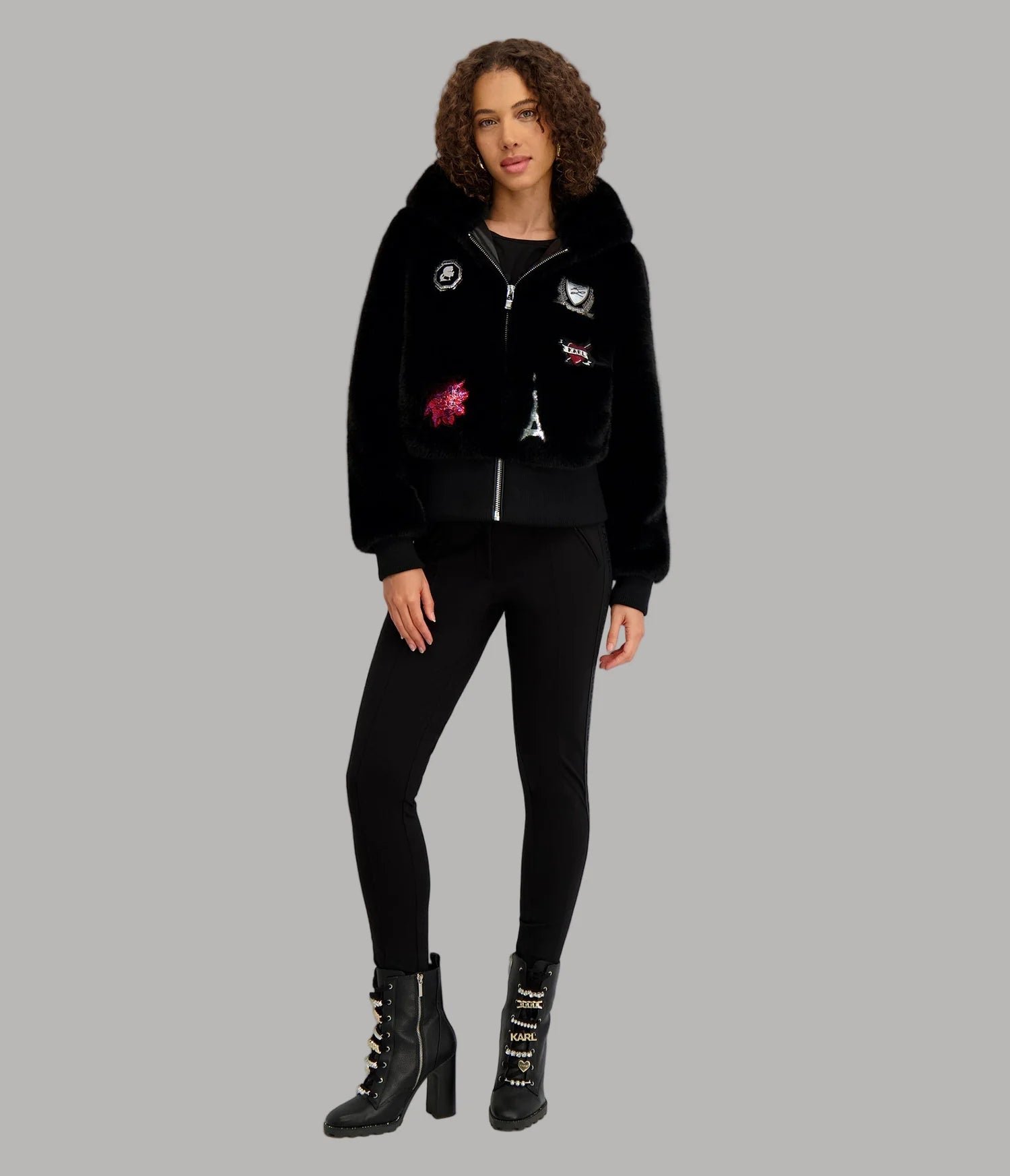Karl Lagerfeld Paris Women's FAUX FUR PATCH BOMBER