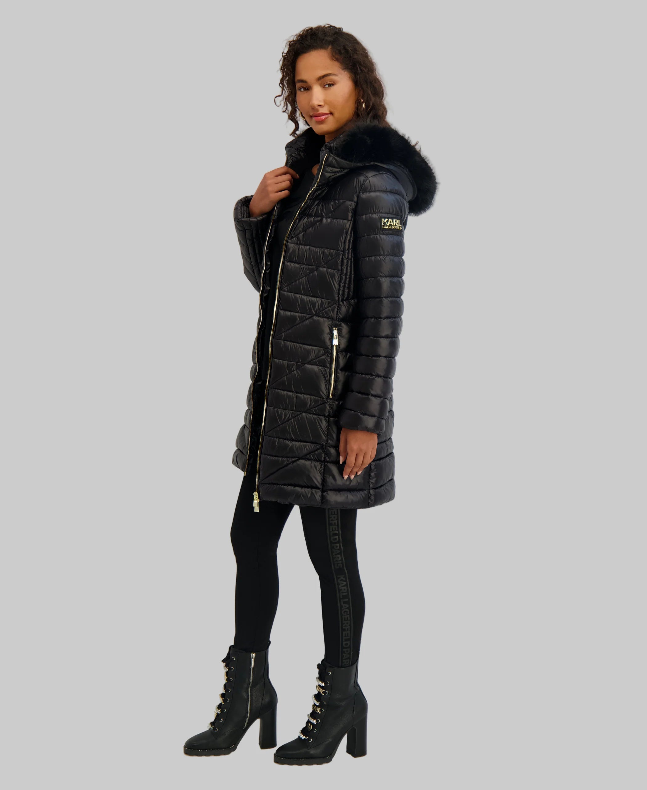 Karl Lagerfeld Paris Women's MID-LENGTH PUFFER WITH FAUX FUR TRIM