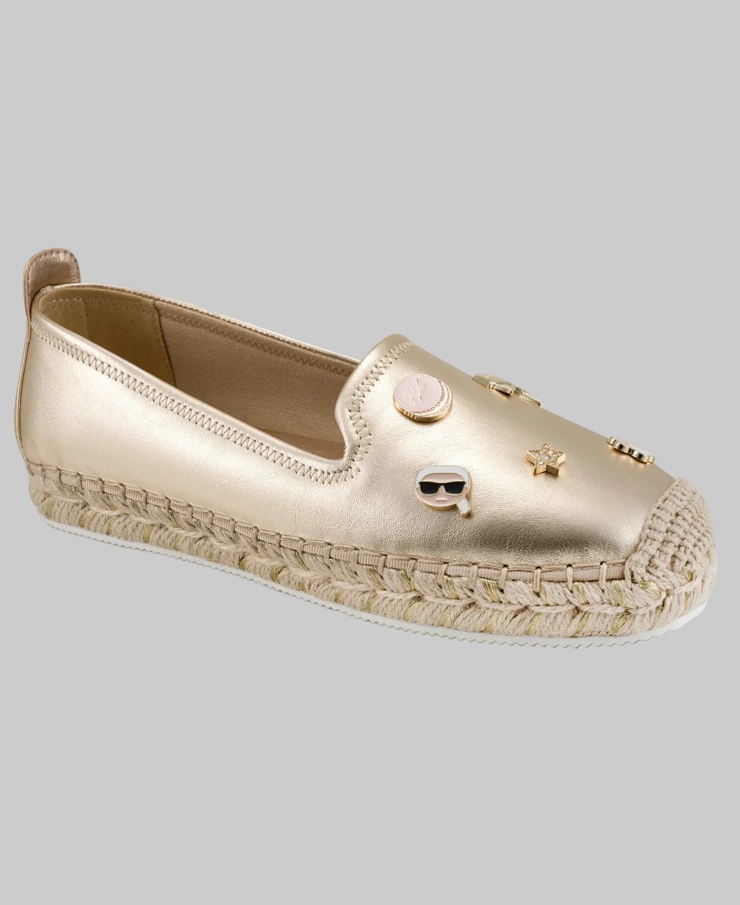 MICHAELA METALLIC LEATHER CATE PIN SLIP-ON FLAT ESPADRILLE-White Gold