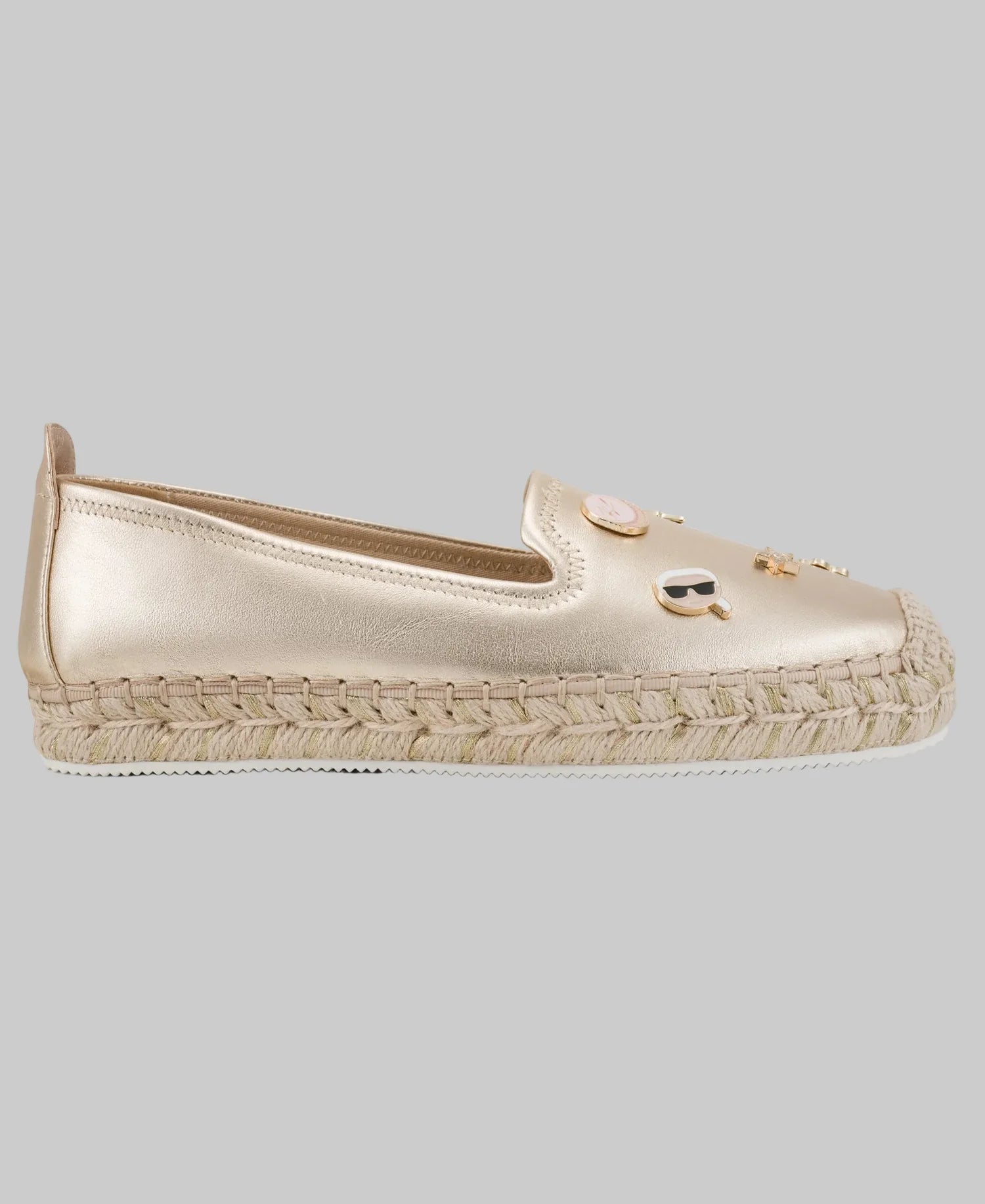 MICHAELA METALLIC LEATHER CATE PIN SLIP-ON FLAT ESPADRILLE-White Gold