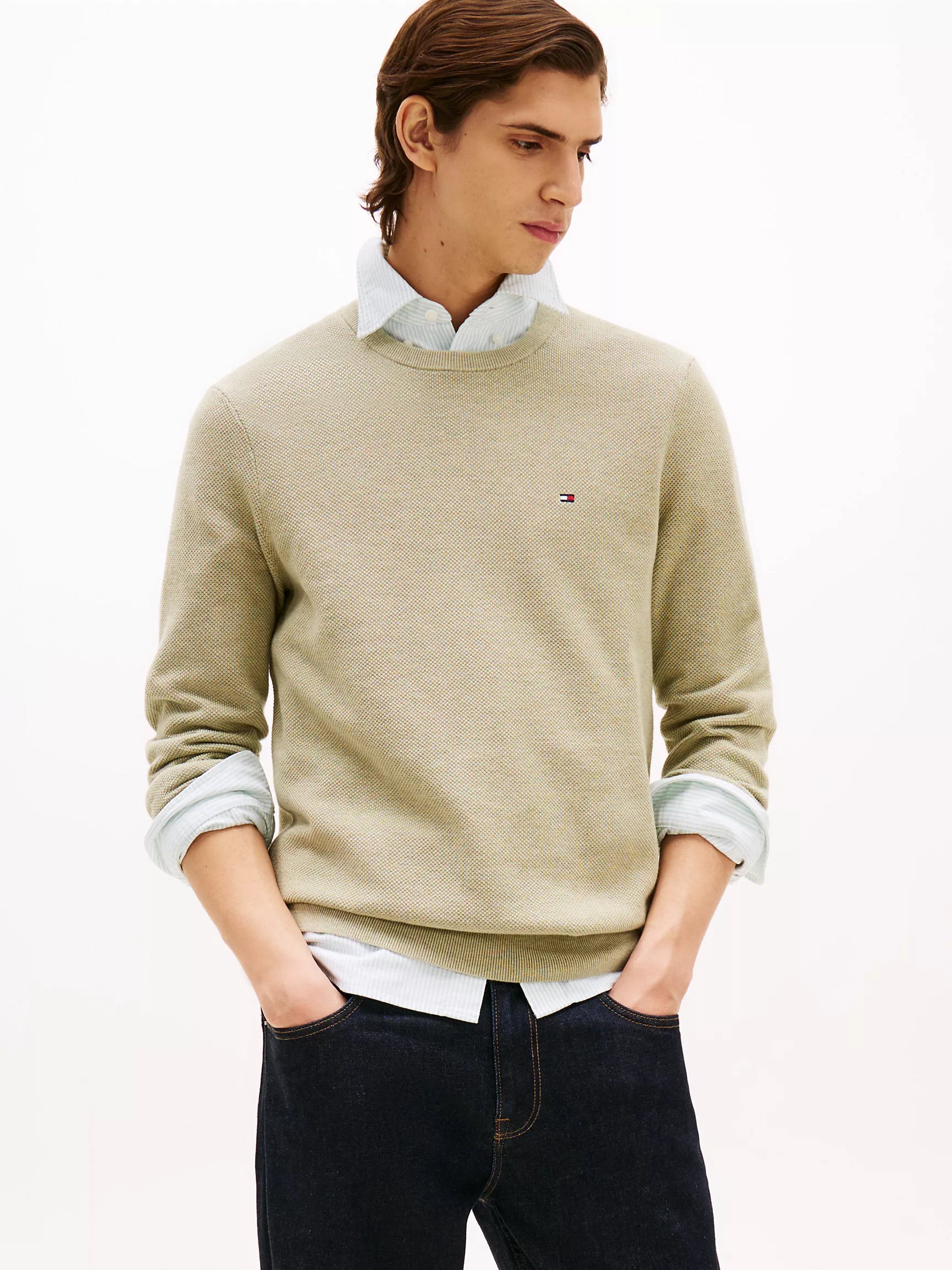 Tommy Mens' Textured Knit Crewneck Sweater beige