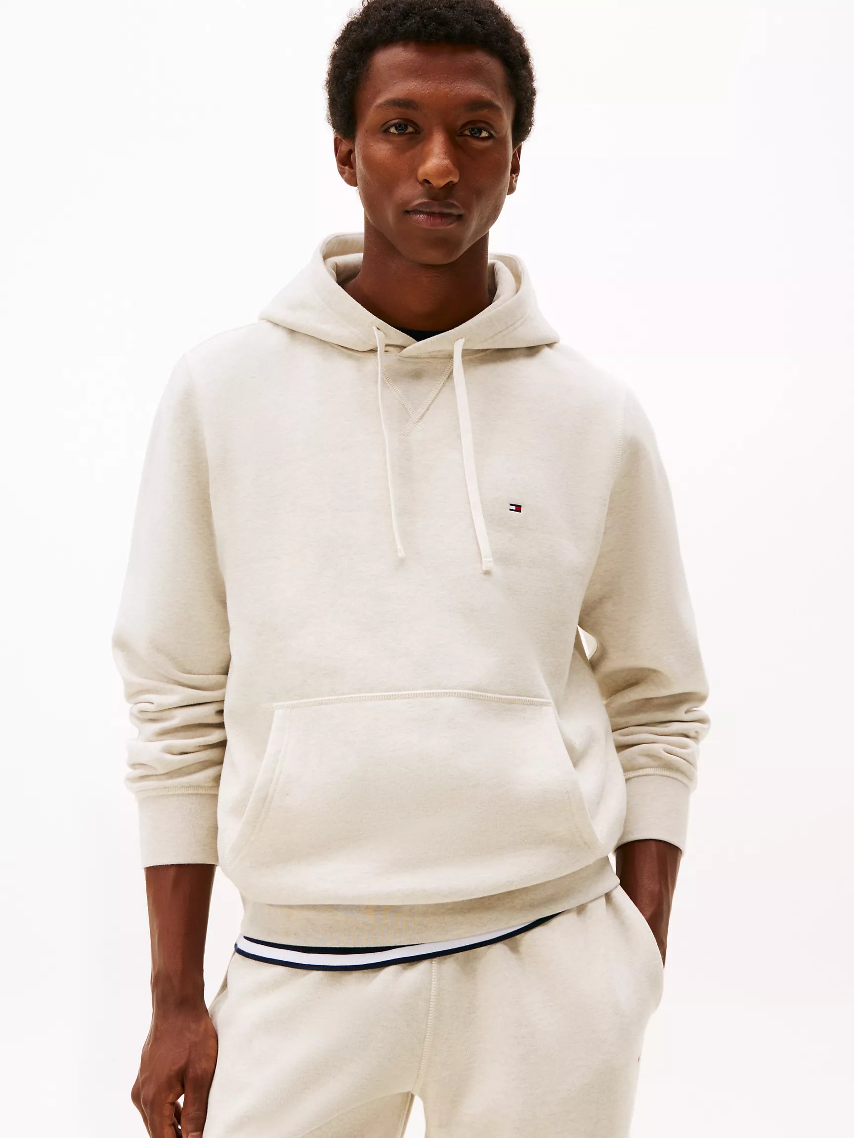 Tommy Mens'Classic Brushed-Fleece Hoodie/Heathered Oatmilk