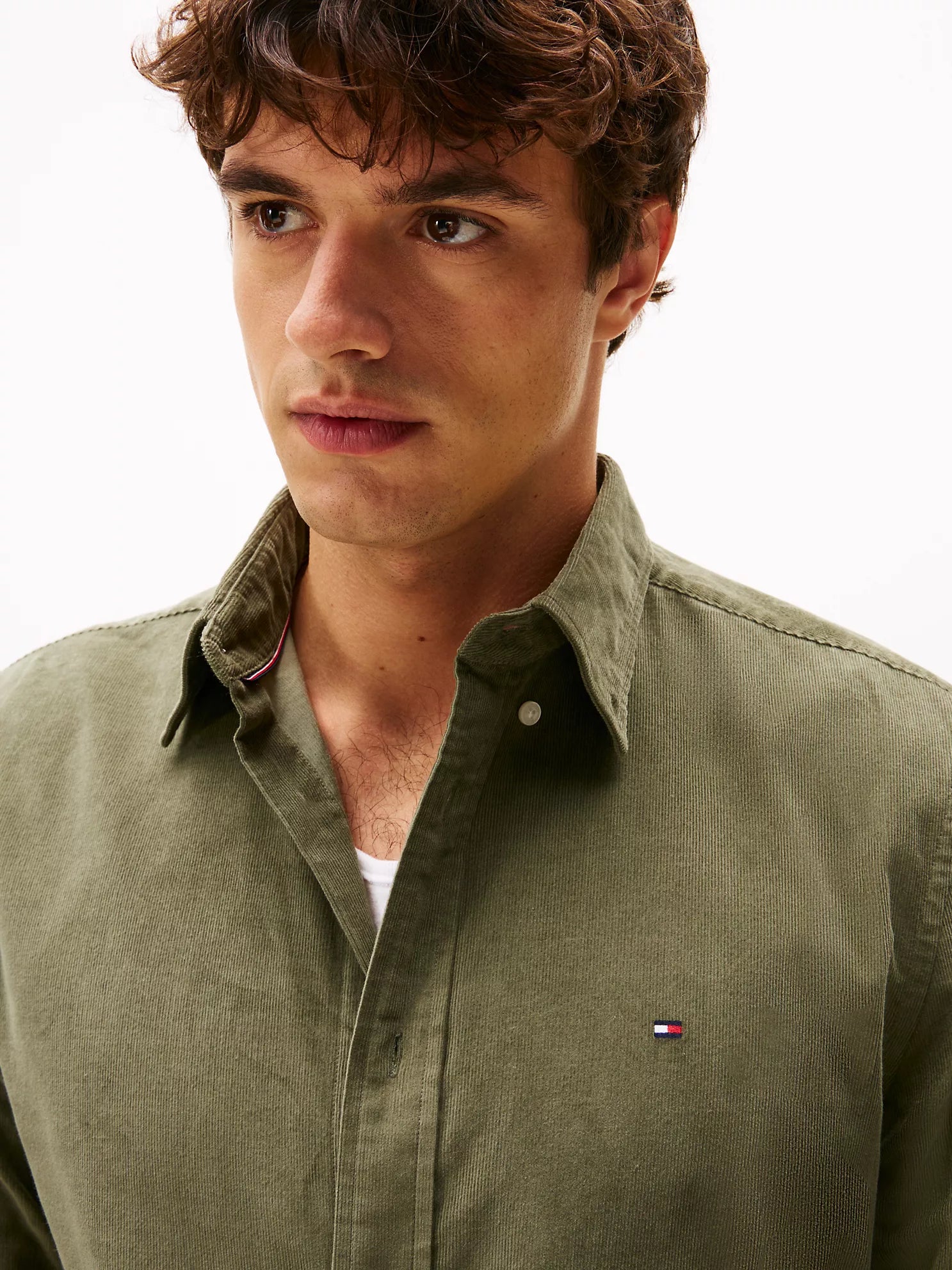 Tommy MENS' Regular Fit Corduroy Shirt Battle Green