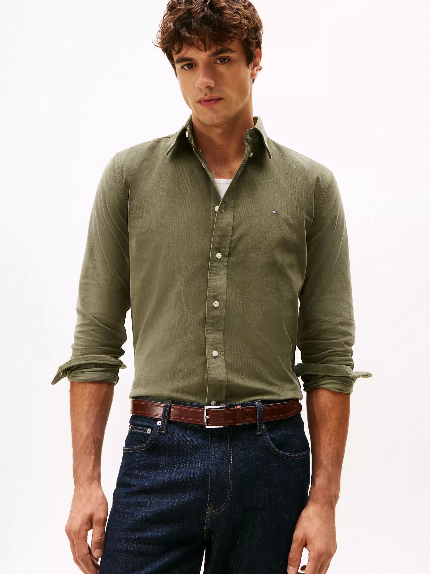 Tommy MENS' Regular Fit Corduroy Shirt Imperial Battle Green