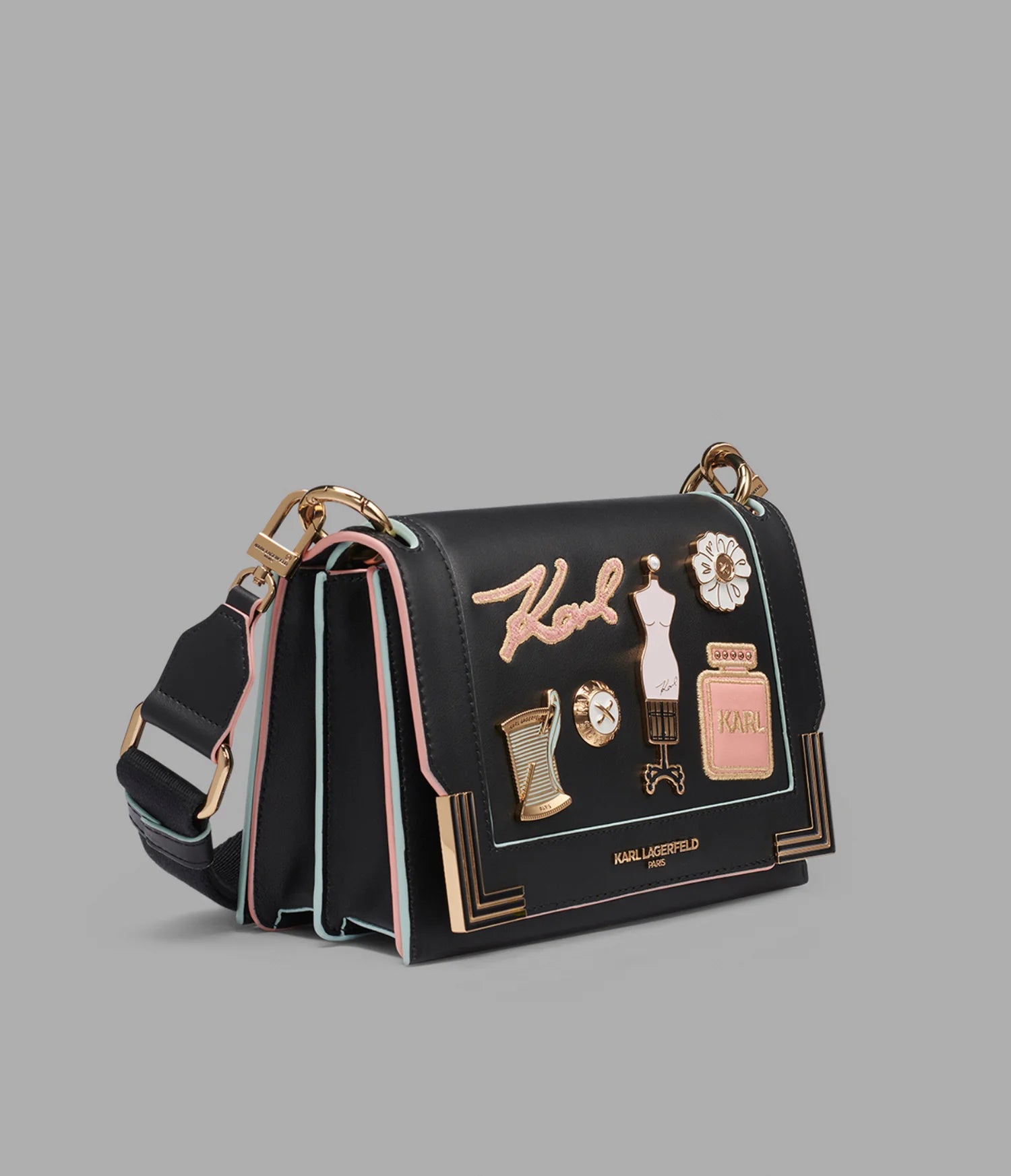KARL LAGERFELD WOMEN'S CAMILLE SHOULDER WITH OVERSIZED FASHION PINS-Black / Gold