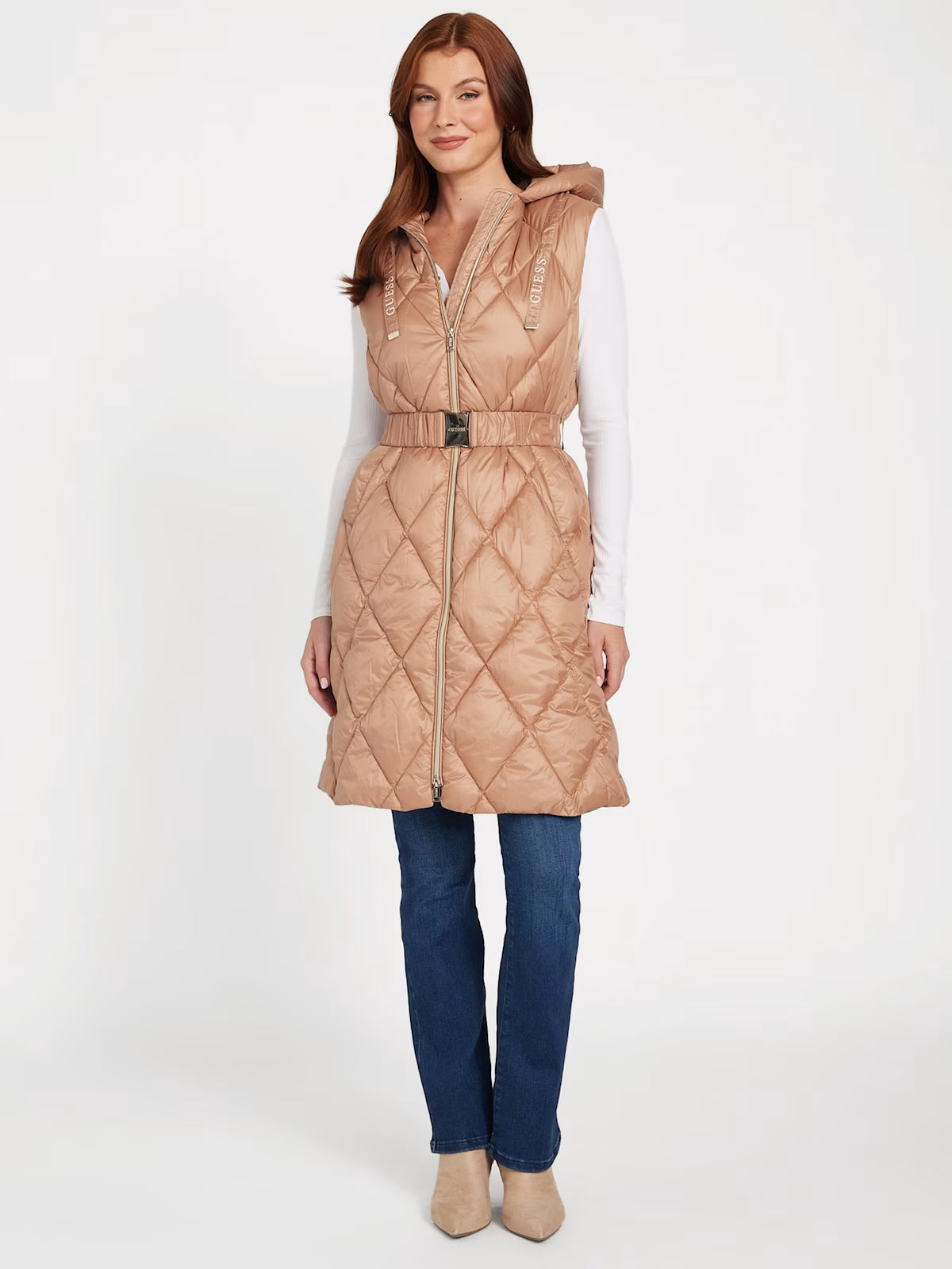 GUESS WOMENS' Melita Woven Quilted Vest Beige