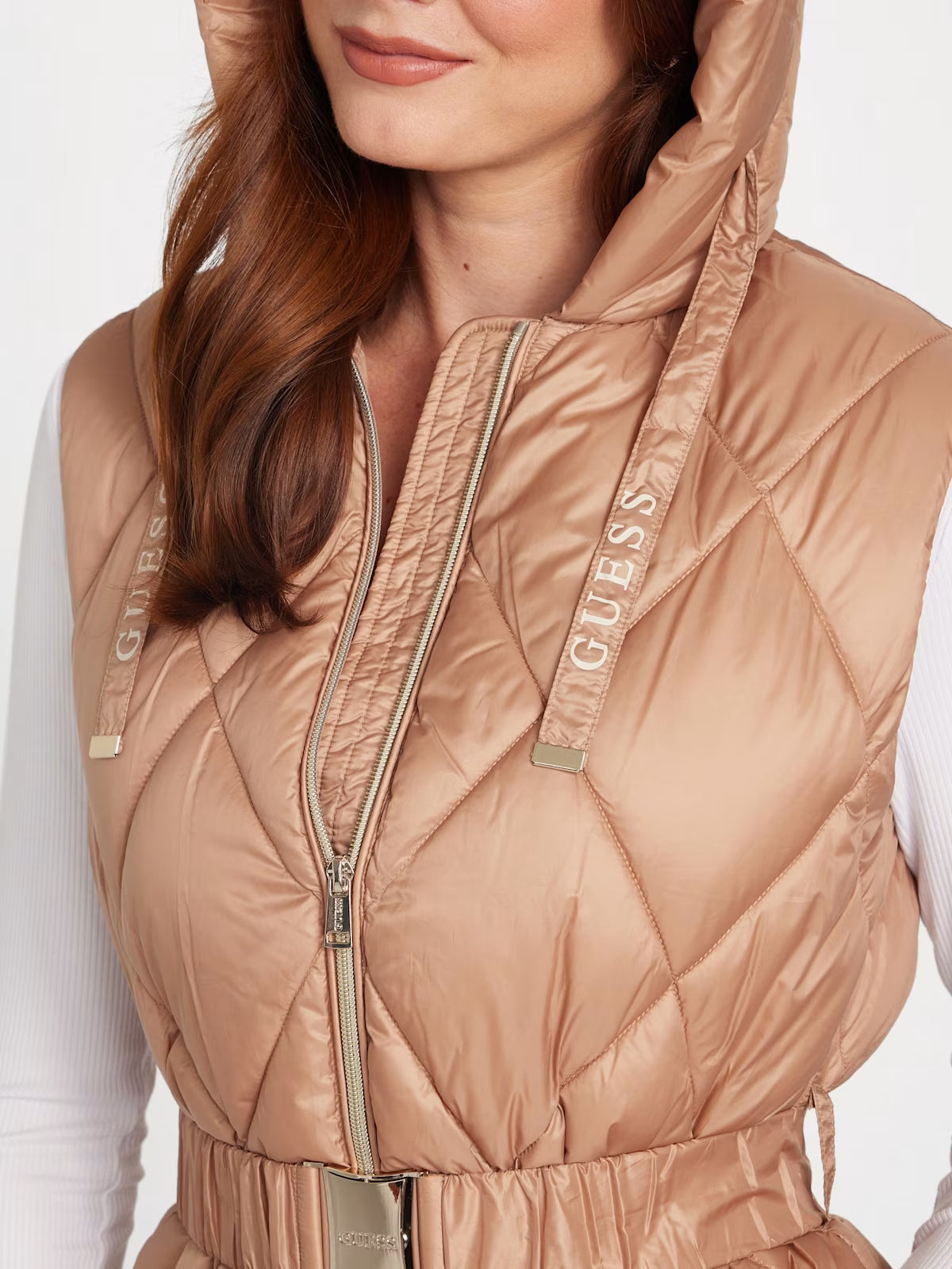 GUESS WOMENS' Melita Woven Quilted Vest Beige