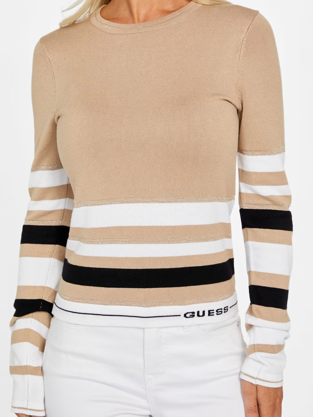 Guess Womens' Eco Cindy Striped Sweater Beige