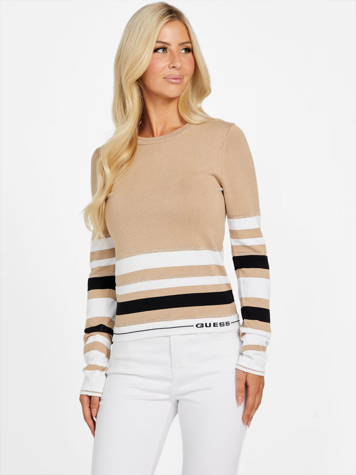 Guess Womens' Eco Cindy Striped Sweater Beige