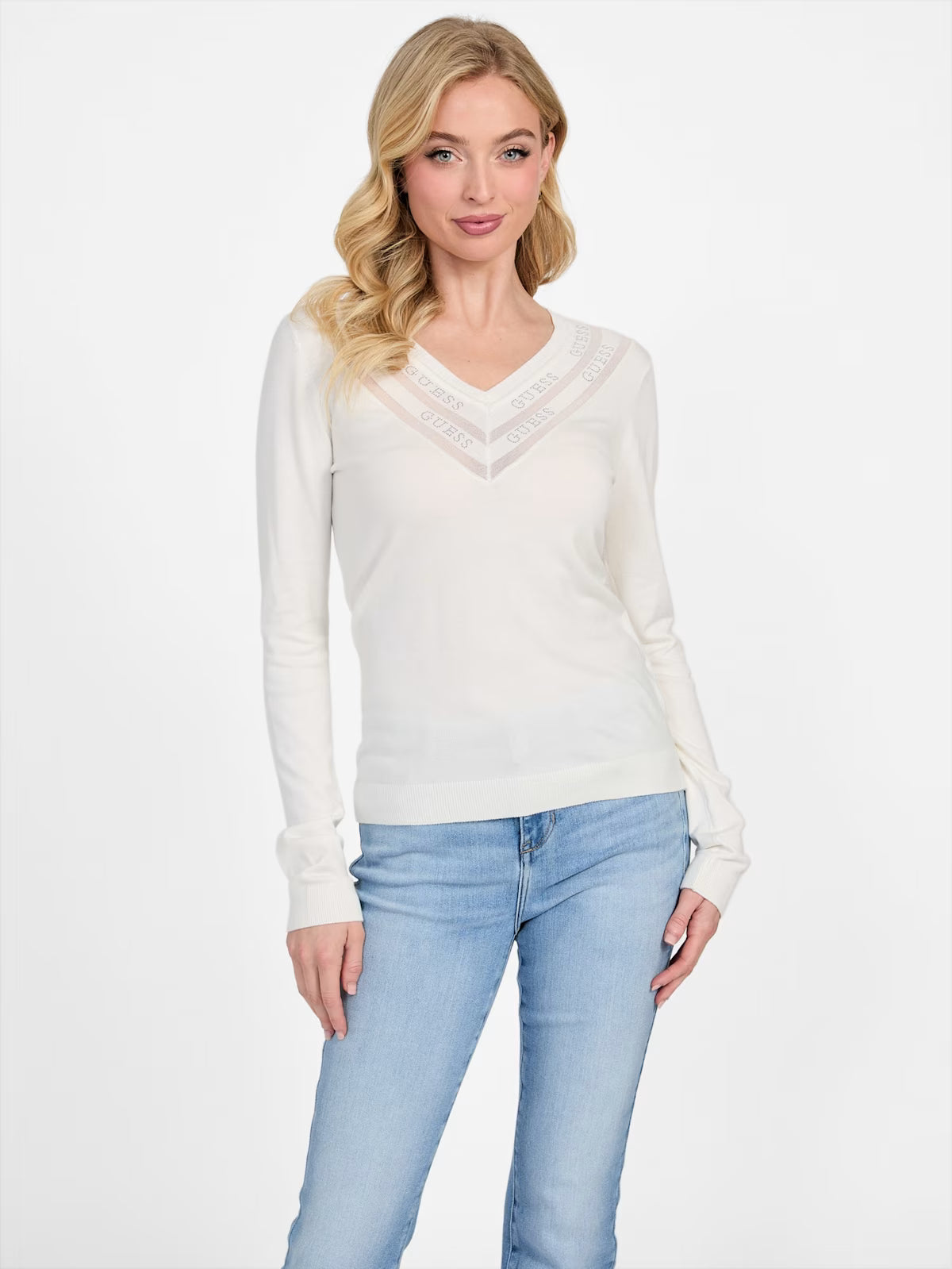 Guess Womens' Davinia V-Neck Sweater White