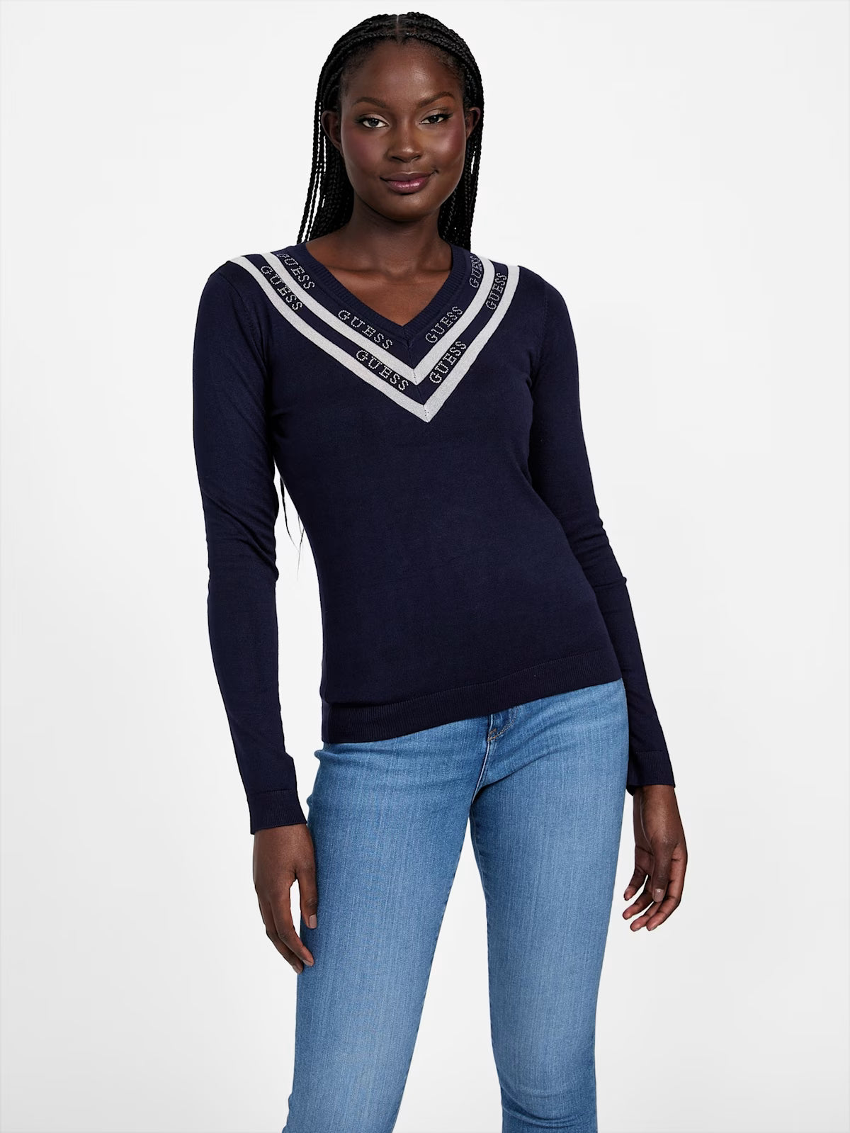 Guess Womens' Davinia V-Neck Sweater Blue
