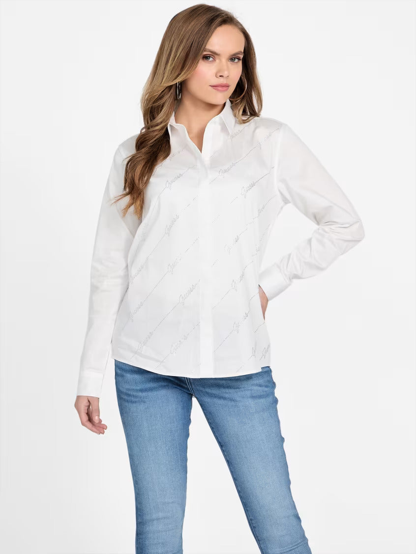 Guess Women Korinna Rhinestone Shirt/ WHITE