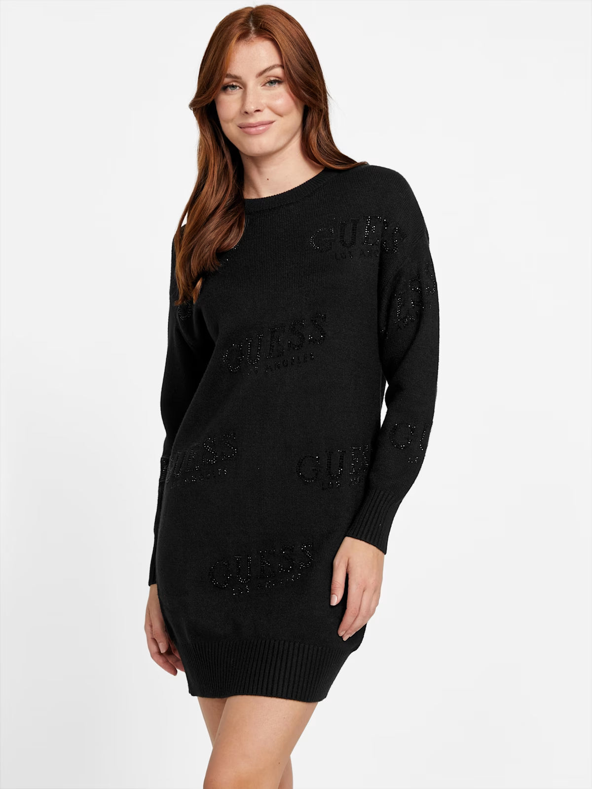 Guess WOMENS' Dateryn Logo Printed Sweater Dress BLACK