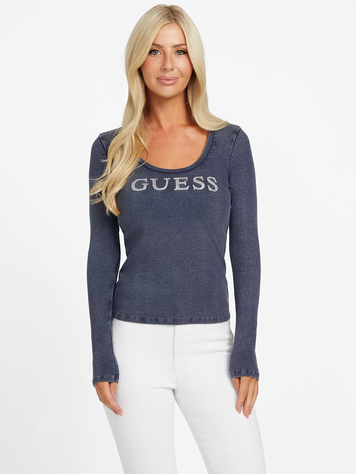 Guess Womens' Pepper Ribbed Logo Top Blue