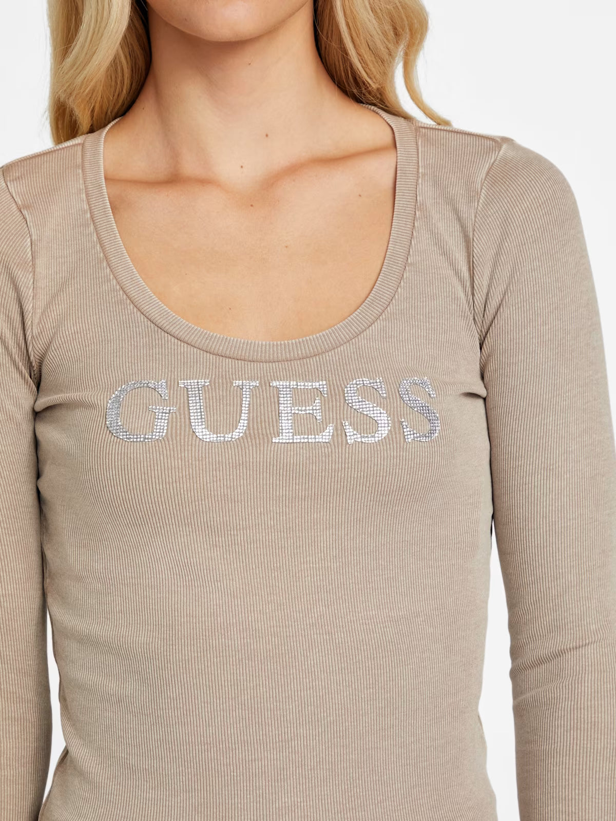 Guess Womens' Pepper Ribbed Logo Top Beige