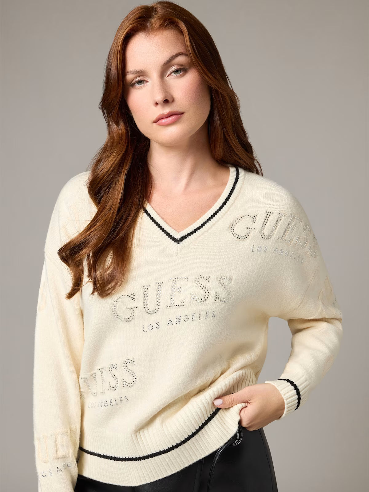 Guess Womens' Dateryn V-Neck Sweater BLACK Off-white
